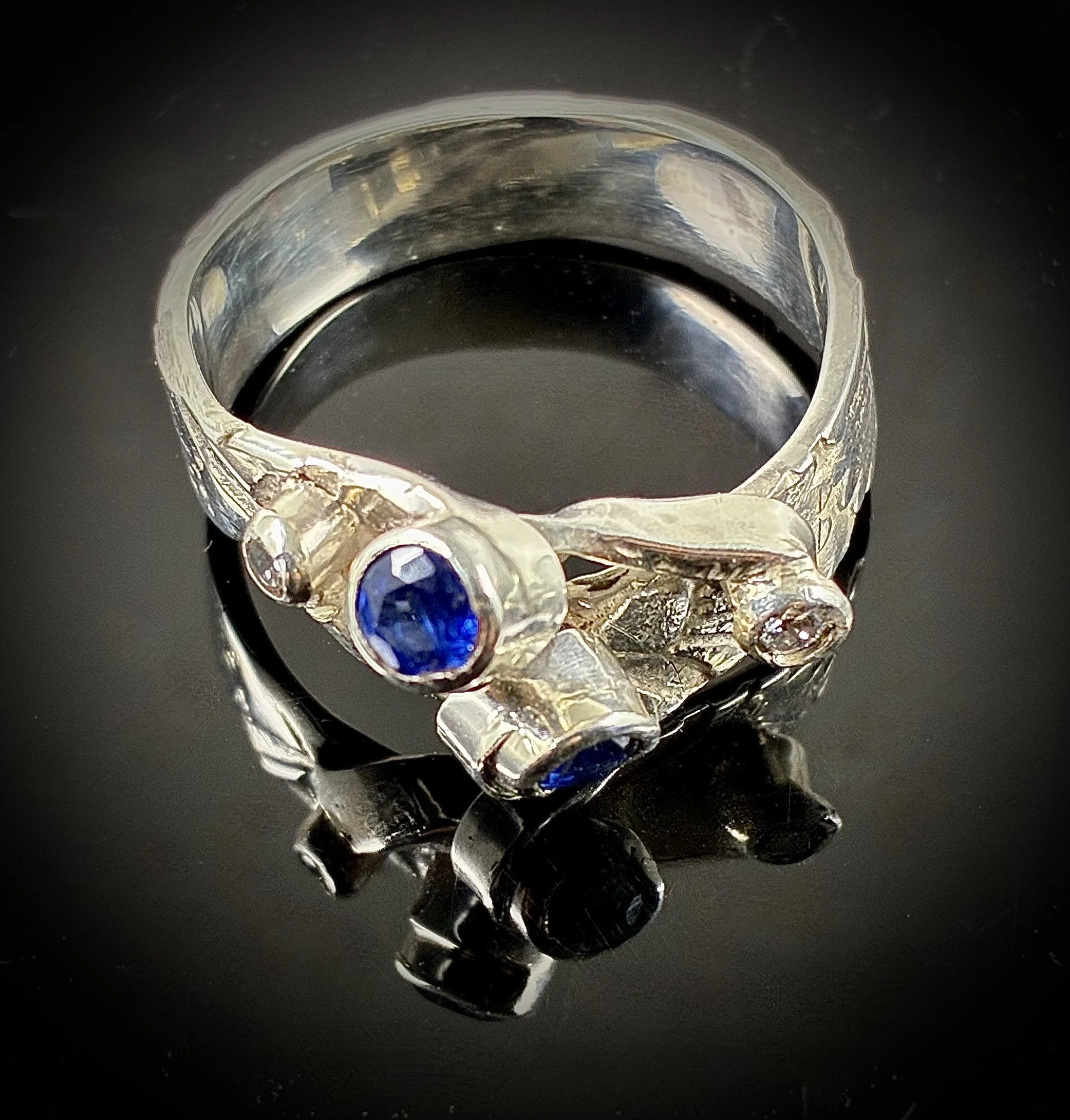 (82) Sterling Silver and Gold and Kyanite and Diamond Ring