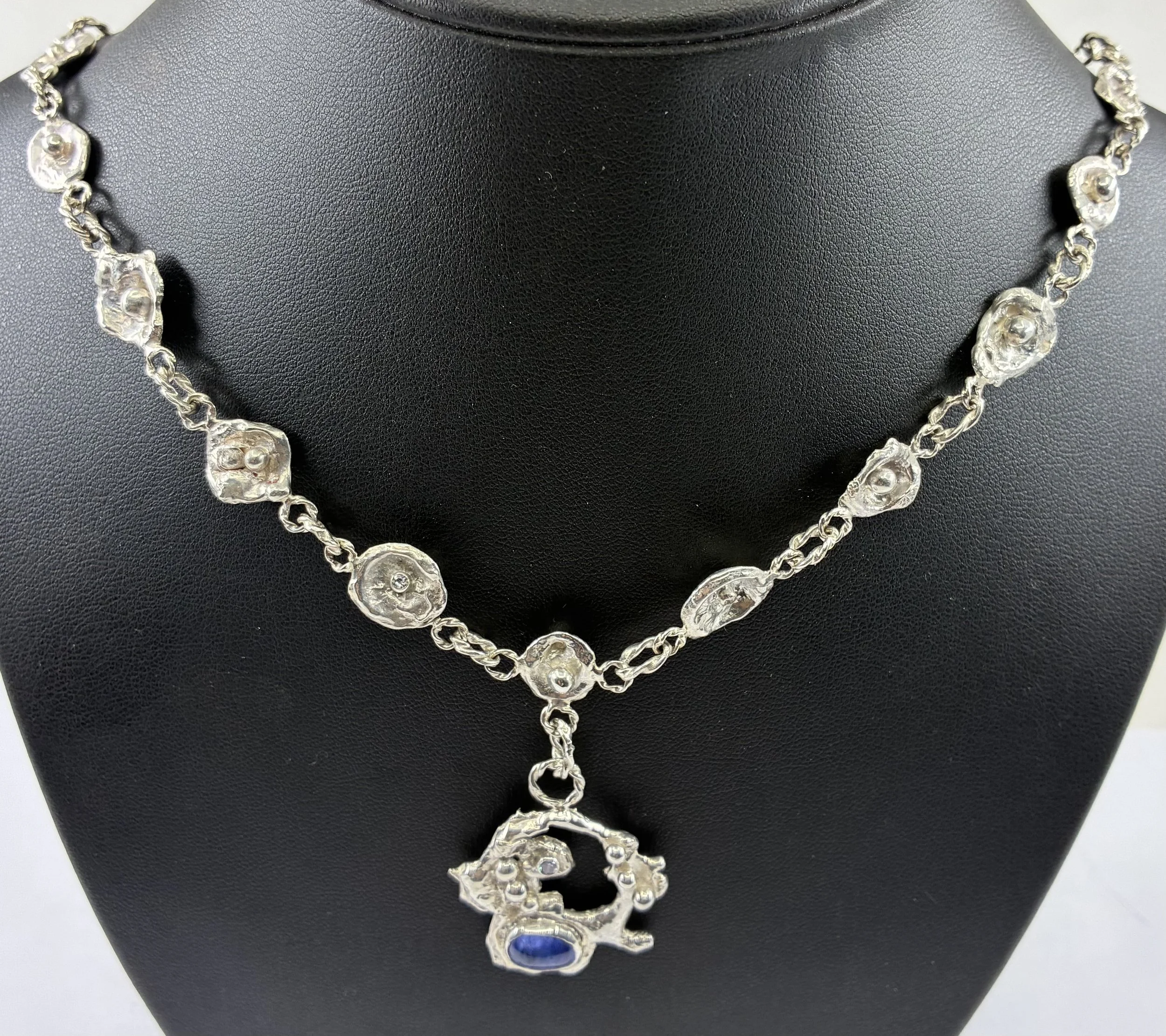 (38) Sterling Silver Water Cast and Tanzanite and Diamond Neckless