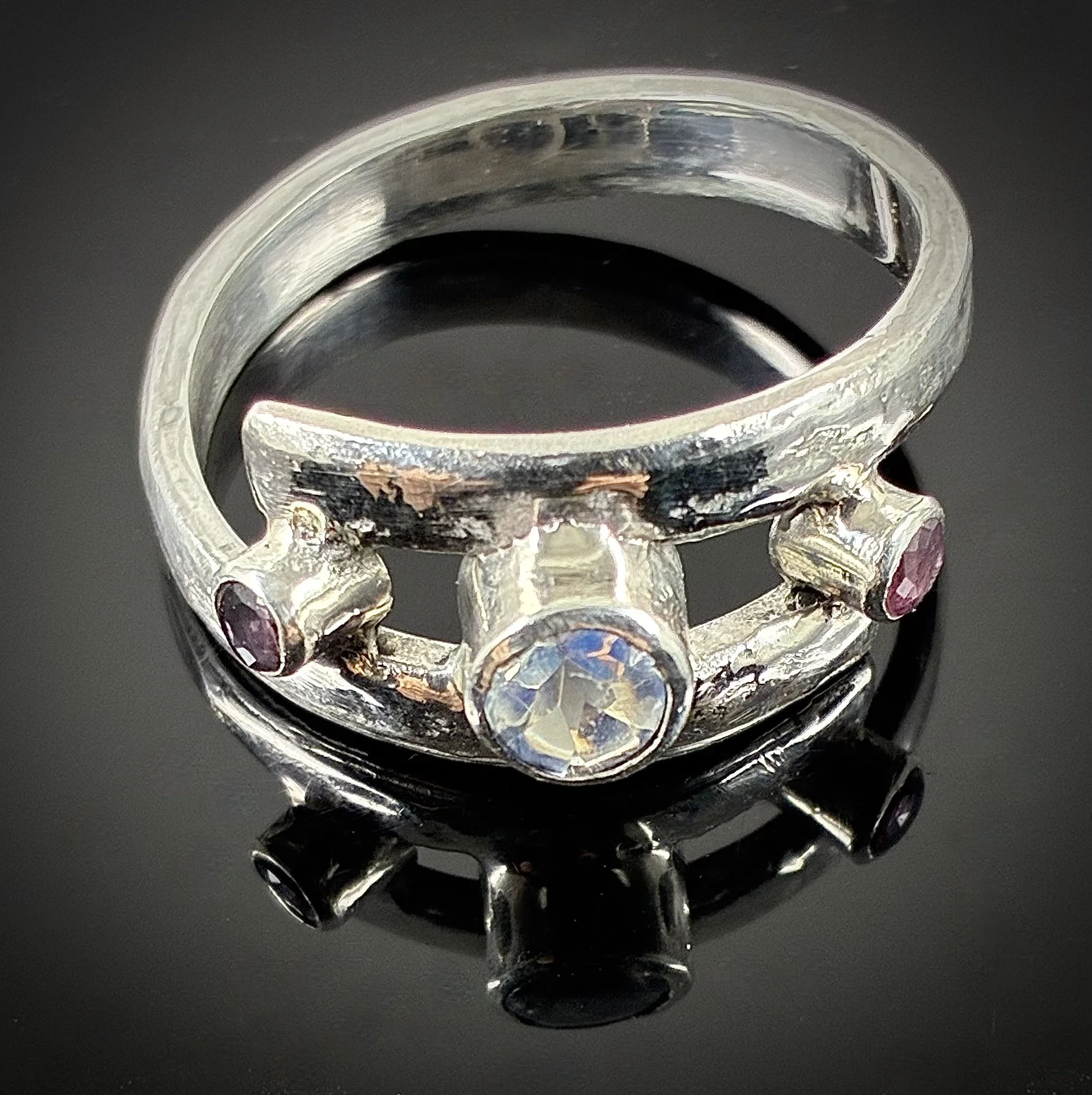 (91) Sterling Silver with Moonstone and Amethyst Ring