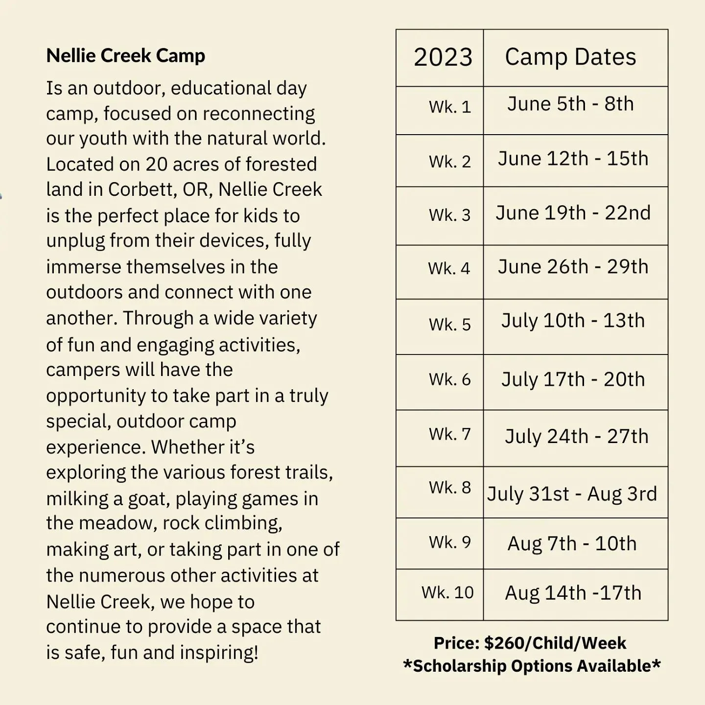 CAMP DATES 🌻

‼️Week 6 and Week 10 FULLY BOOKED ‼️

contact us: nelliecreek@gmail.com for inquiries

#summercamp #summer2023 #campdates #corbett #oregon #nature #summercamp2023