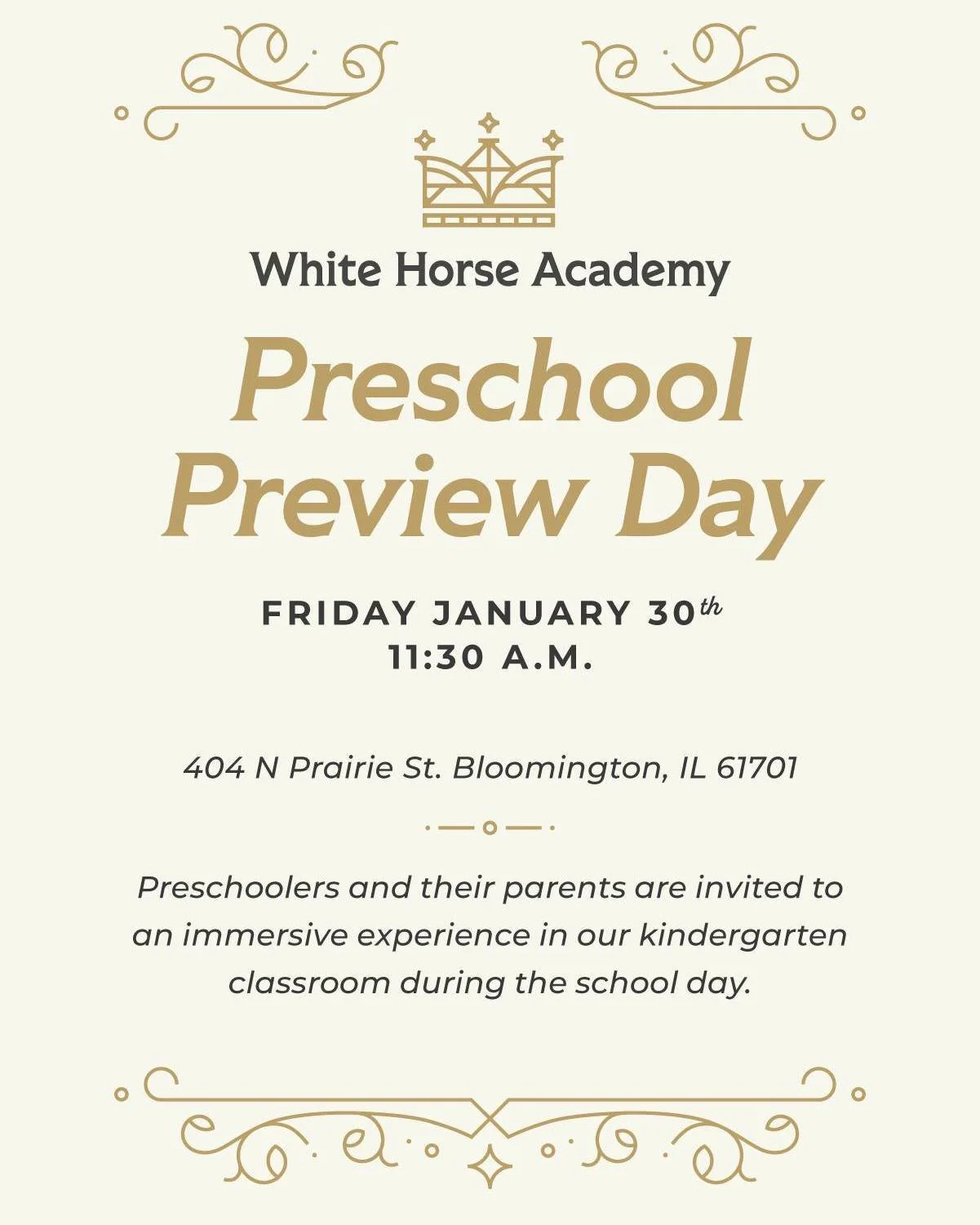 Our Preschool Preview Day is tomorrow at 11:30 am! 
If you plan to attend, please mark you are "Going" on the event page linked in our profile!
Also, share it with a friend if you know they are thinking about Kindergarten next year for thei