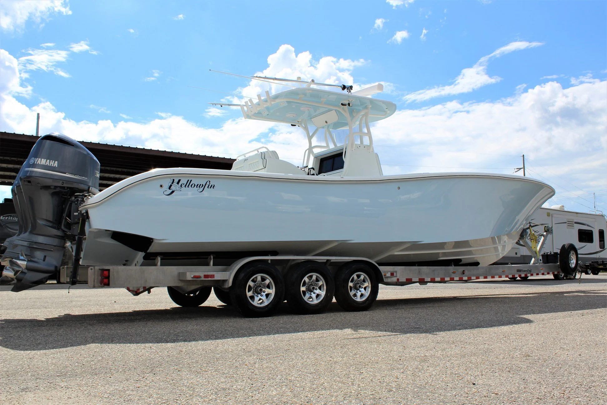 exterior hull of a blue center console boat