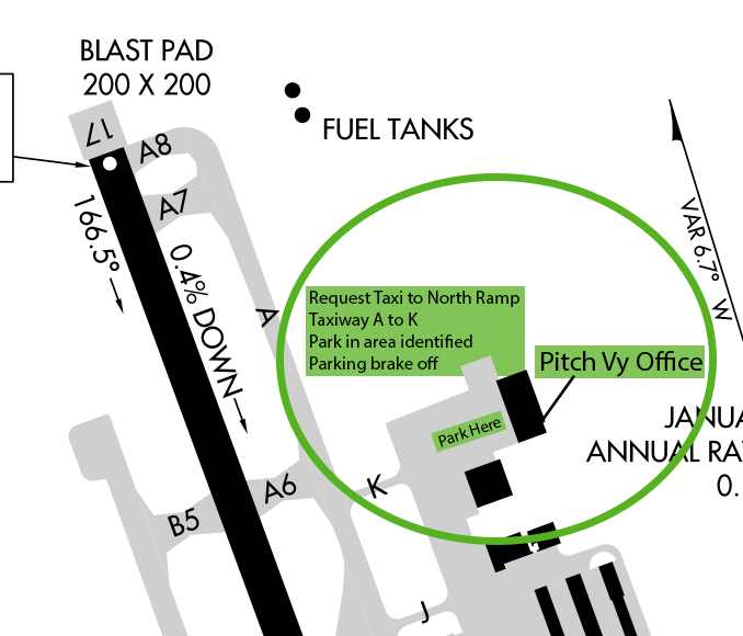 Airport layout map showing blast pad, fuel tanks, taxiway A to K, parking area, Pitch Vy Office, and directions.