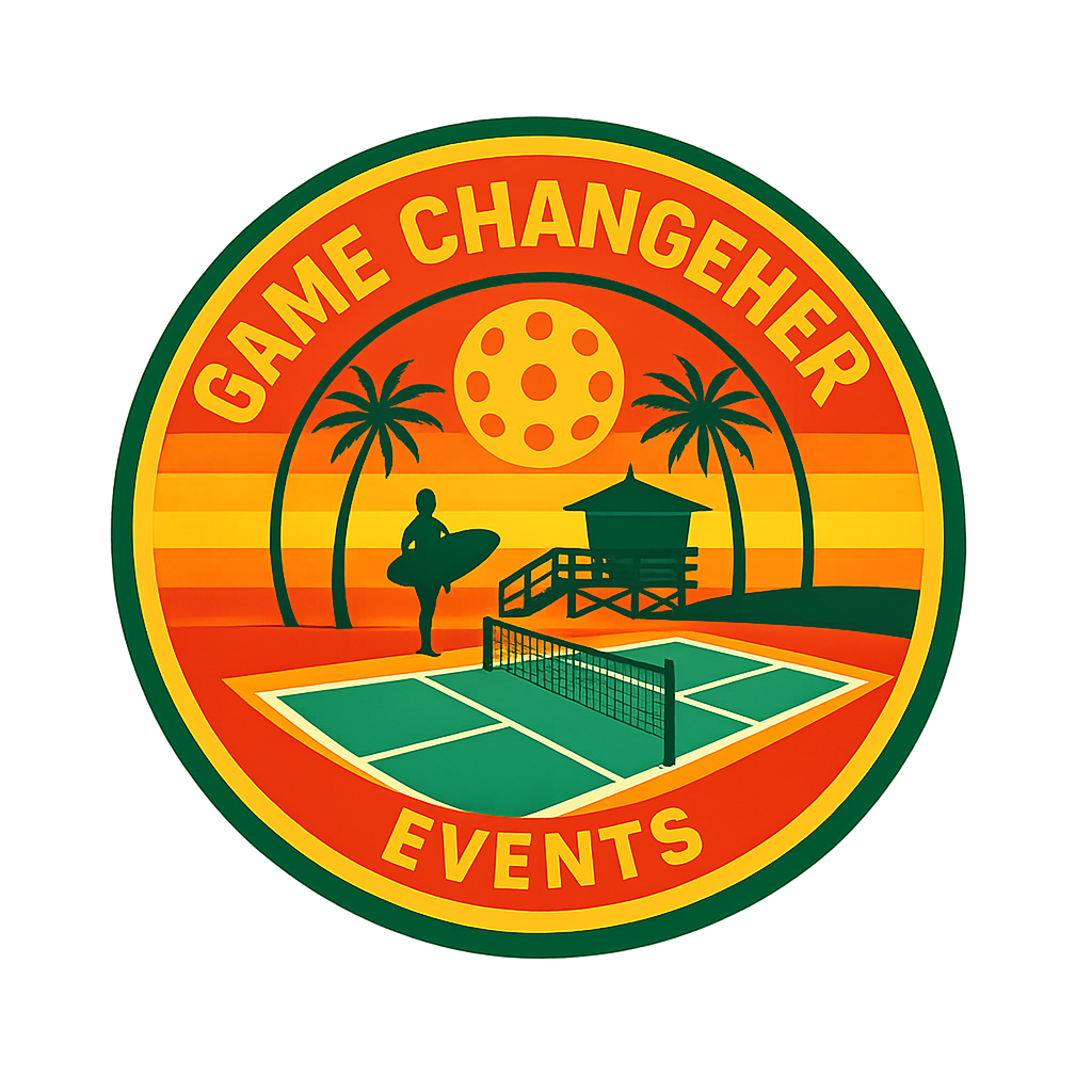 Logo for Game ChangeHer Events showing a beach scene with a sunset, a silhouetted female surfer, palm trees, a lifeguard tower, and a tennis court.