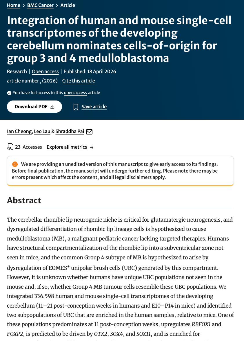 2026: Human and mouse unipolar brush cells and relevance to Group 3 and 4 medulloblastoma