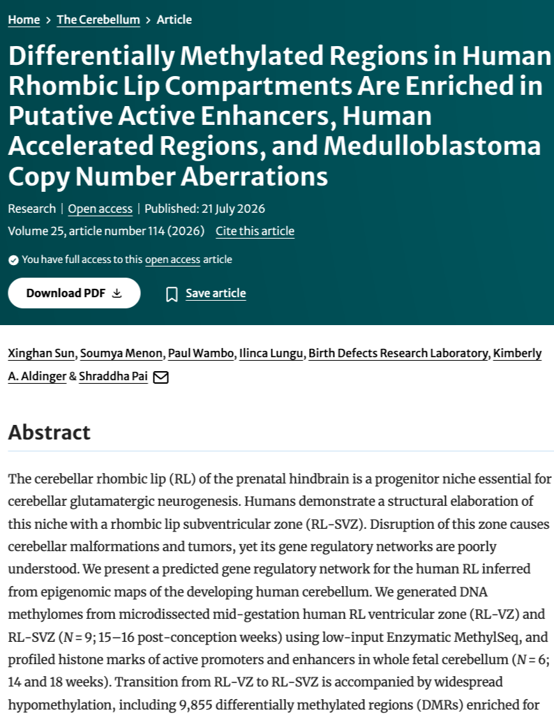 2026: Mapping the epigenetic landscape in the developing human cerebellum, for putative cells-of-origin for Group 3 and 4 medulloblastoma.