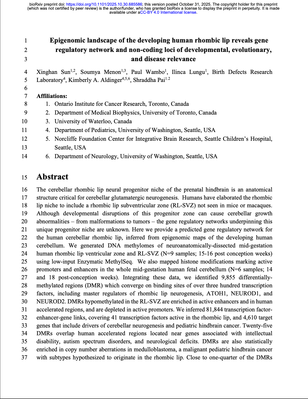 PREPRINT: 2025: First report of DNA methylomes in human cerebellar glutamatergic neural progenitors.
