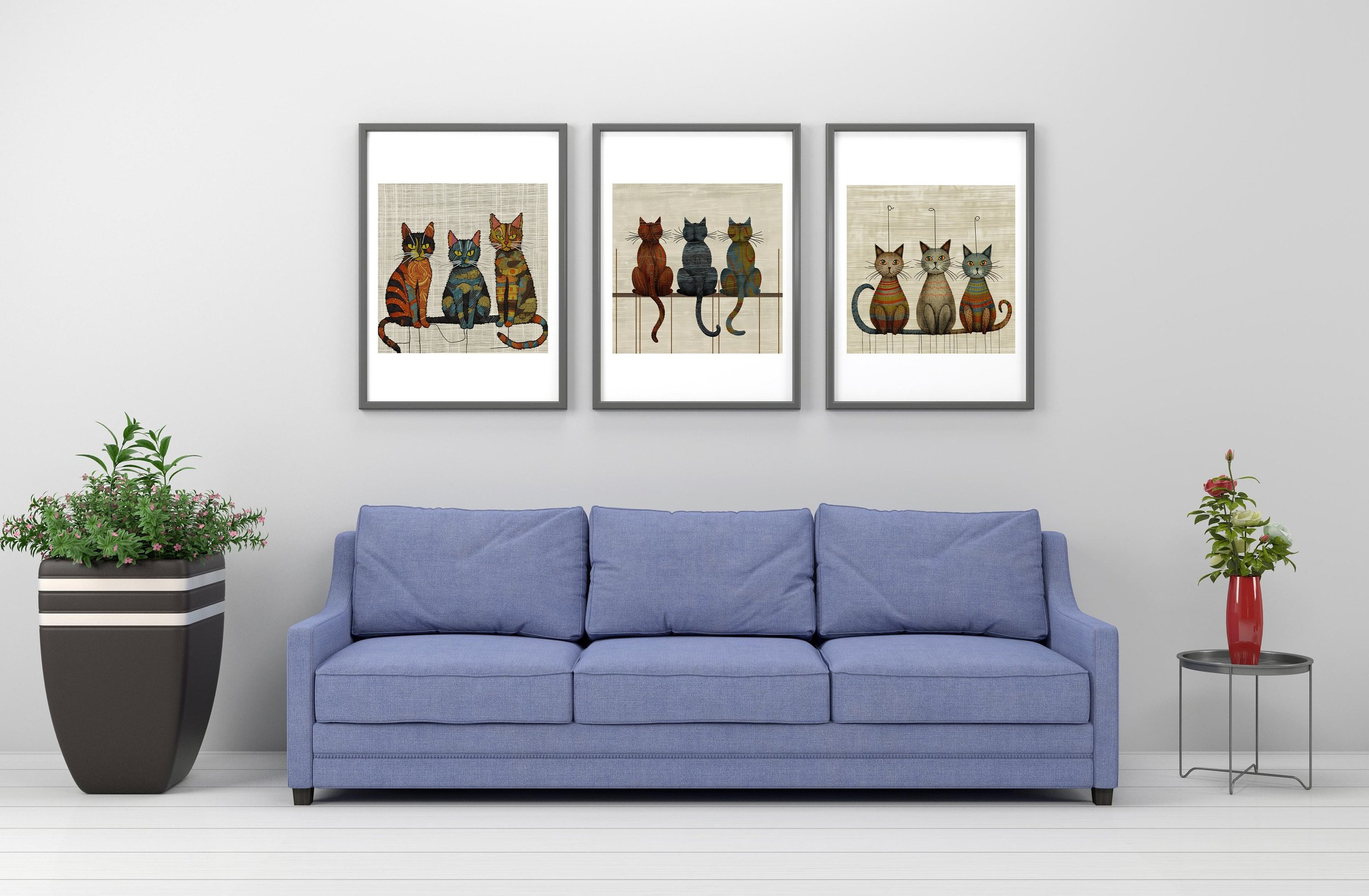 Print, Wall Art Unique Designs, Cats, Bright, Colourful, Vintage, Modern, Wall Hanging, Poster, Gift, Wall Art, Decor, Art, Set of 3 Style 3