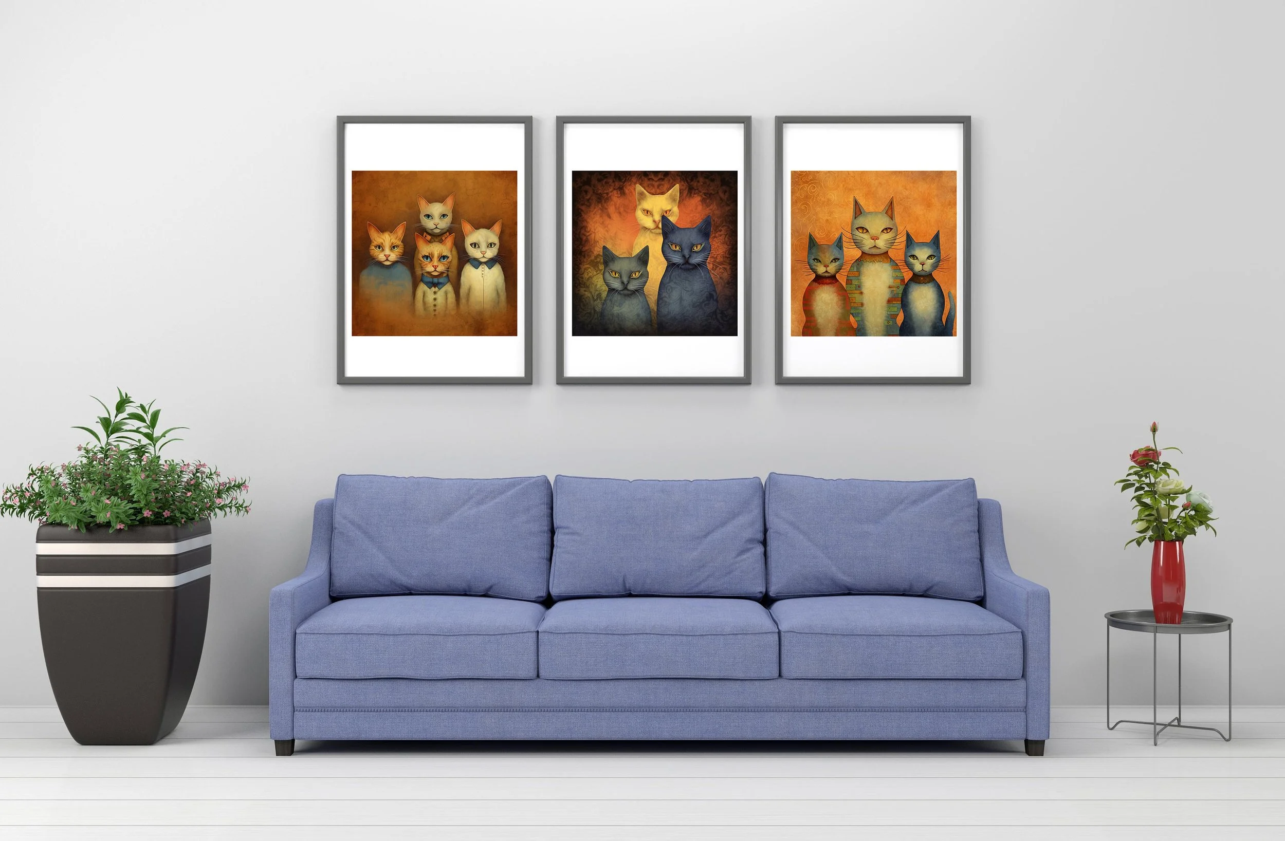 Print, Wall Art Unique Designs, Cats, Bright, Colourful, Vintage, Modern, Wall Hanging, Poster, Gift, Wall Art, Decor, Art, Set of 3 Style 2