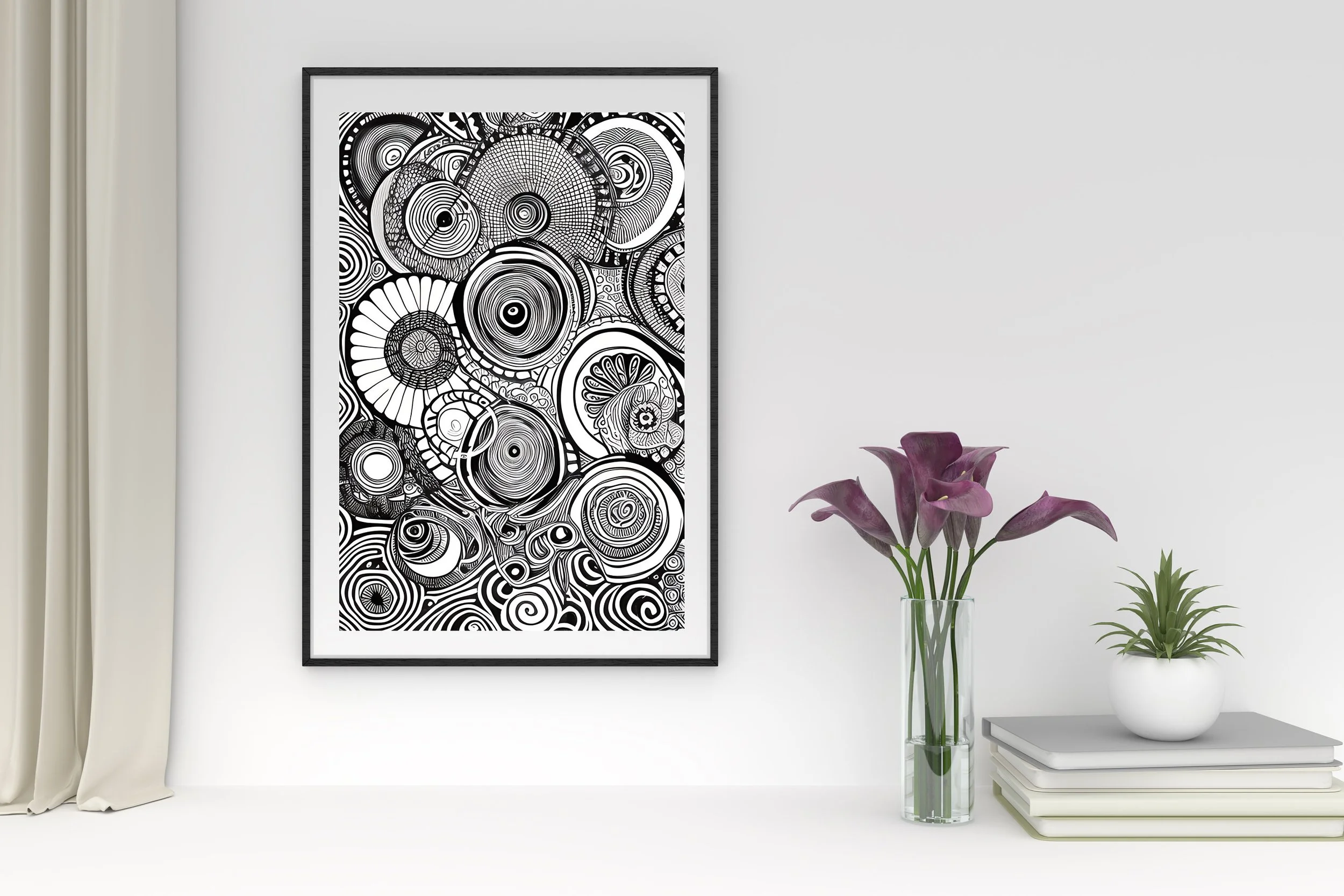 Wall Art Unique Designs, Abstract Black and White Print, Monochrome, Circles, Round, Swirls, Poster, Gift, Wall Art, Decor, Art Style 19