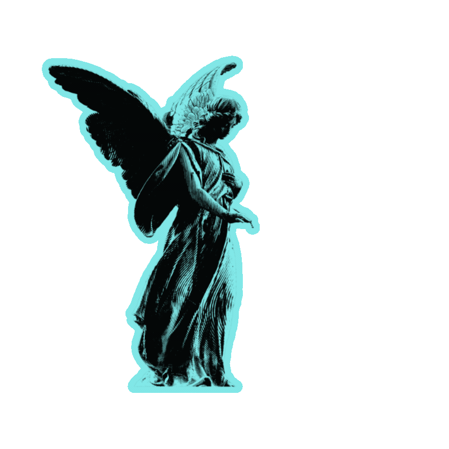 A turquoise angel statue glides across into the room