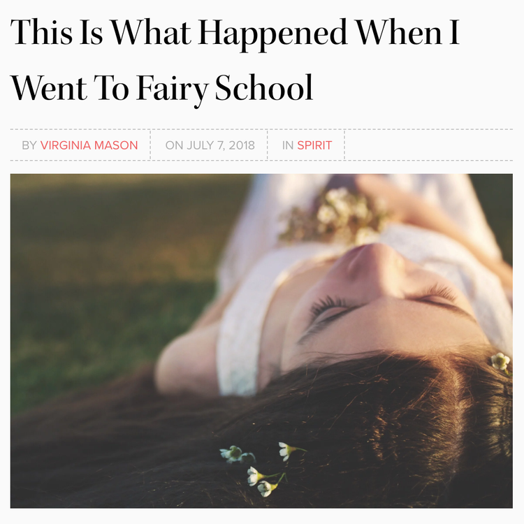 woman lying in a field holding flowers beneath the title "This is what happened when I went to Fairy School"