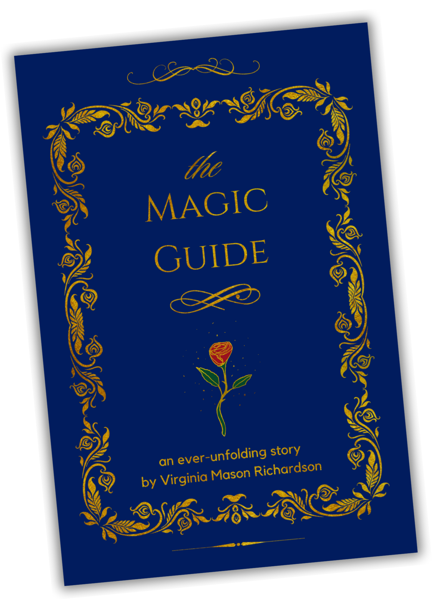 Blue cover of The Magic Guide with gold filigree and a radiating red rose