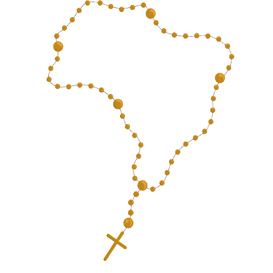 A gold rosary hangs from the Y in HOLY