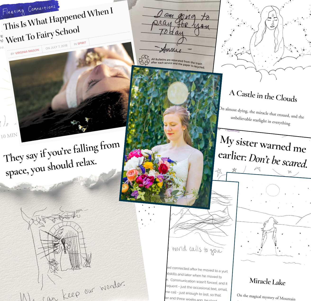 Collage of Virginia's true magical stories with a picture of her at the center