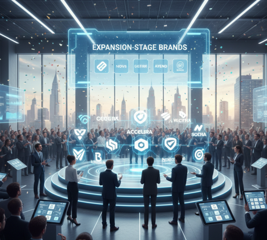 Corporate event showcasing expansion-stage brands with a holographic display in a high-rise conference room, city skyline in the background, with attendees observing and interacting.