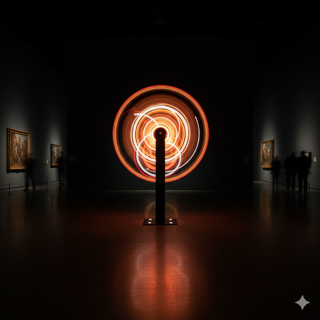 Light painting art installation in a dark museum exhibition space with paintings on the walls.