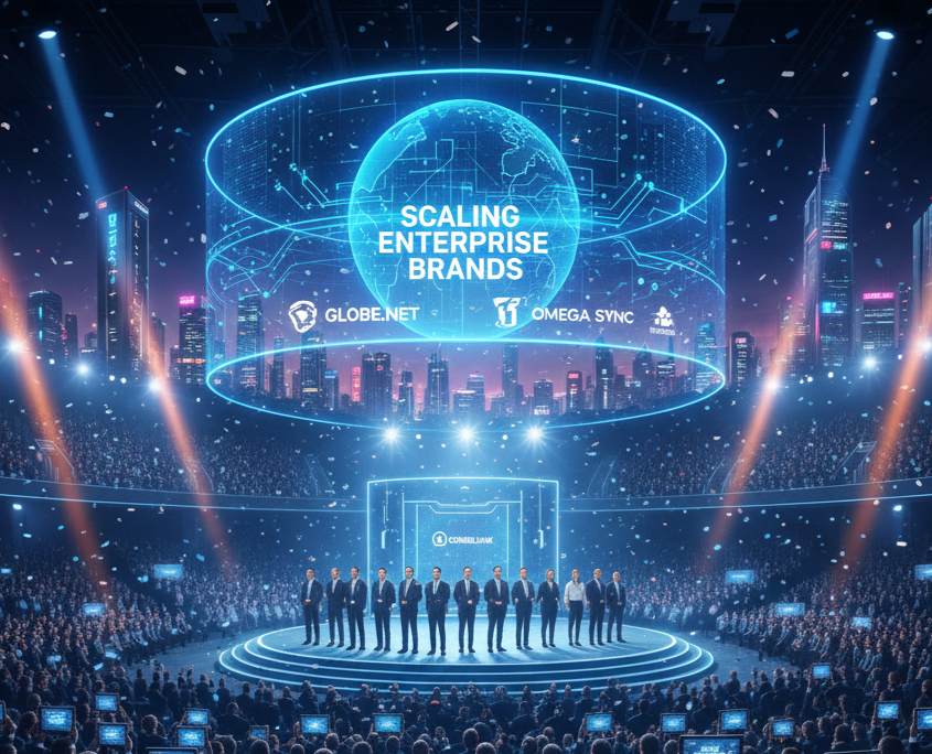 A large digital event with a stage featuring a group of people in suits, a giant screen displaying a globe with the text 'Scaling Enterprise Brands,' and logos of Globe.net, Omega Sync, and Tophosl. The audience is seated around the stage in a stadium setting with cityscape backdrop.