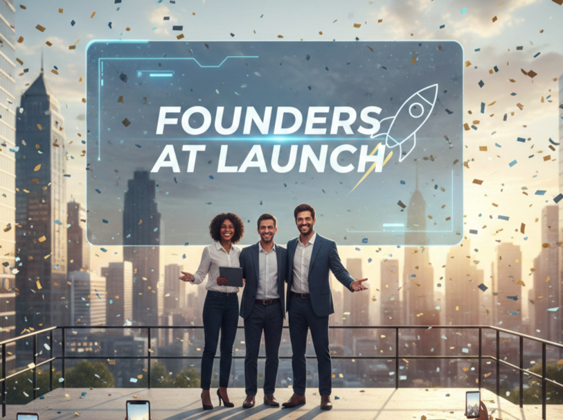 Three businesspeople celebrating a startup launch on a rooftop with a city skyline in the background, confetti falling, and a digital graphic reading 'Founders at Launch' with a rocket icon.