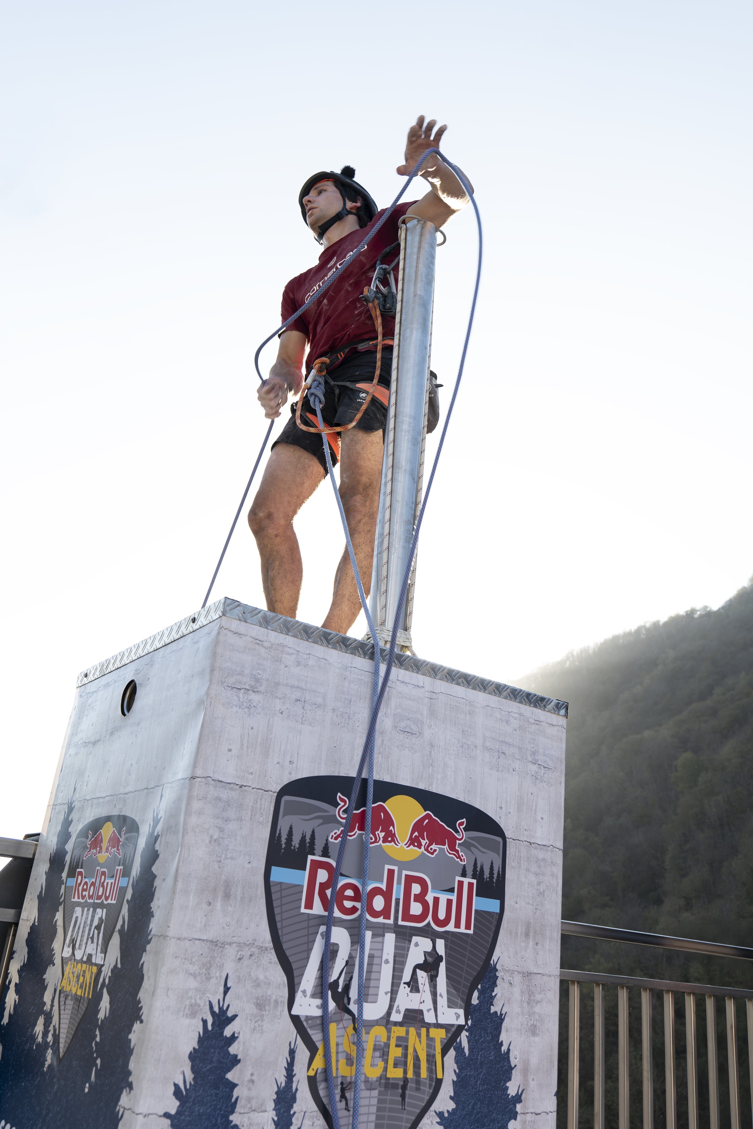 Sascha Lehmann of Switzerland belay Andrea Kümin of Switzerland on the the 180m multi-pitch man made route at the Verzasca Dam during the final of
Red Bull Dual Ascent in Verzasca, Switzerland on October 31, 2024