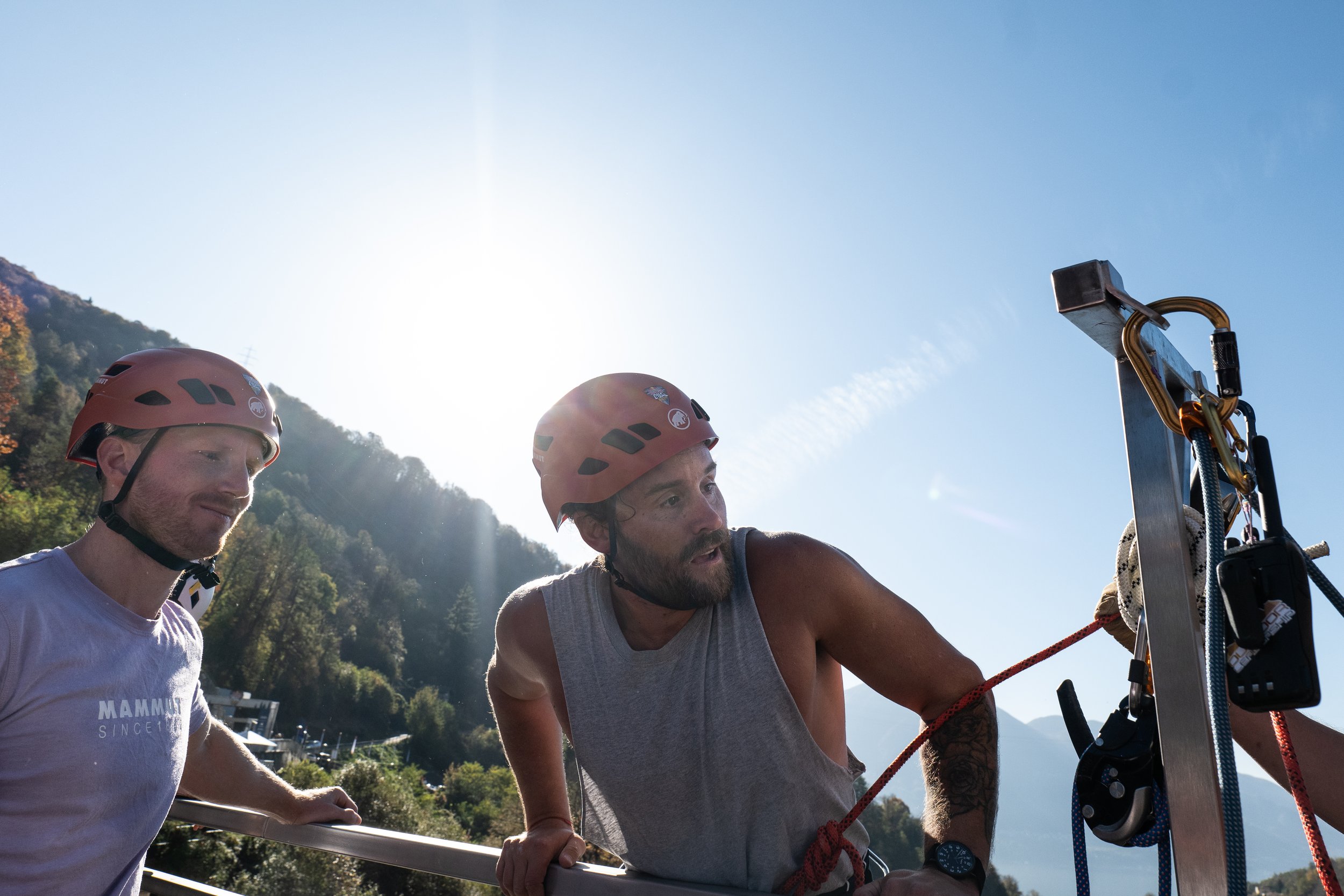 Andrew Tracey with Jakob Schubert finish the climb of the 180m multi-pitch man made route at the Verzasca Dam during the media day of
Red Bull Dual Ascent in Verzasca, Switzerland on November 01, 2024