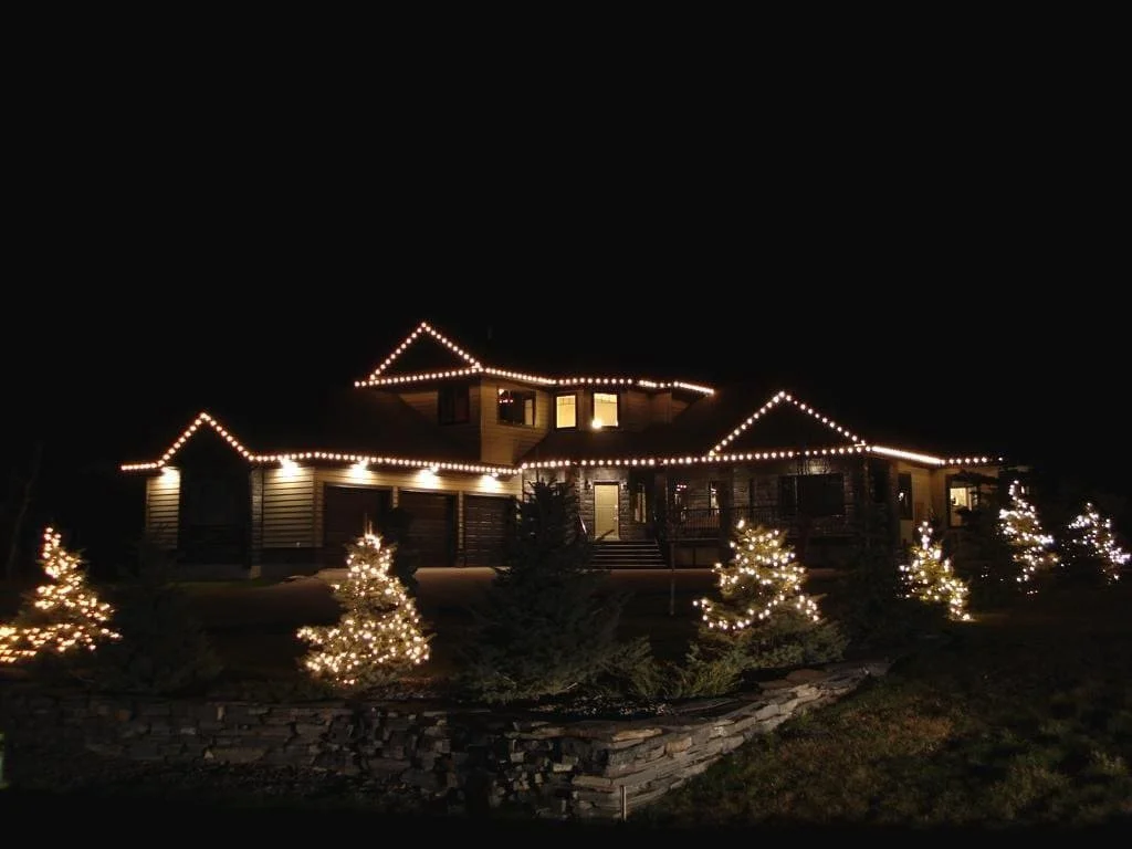 Professional residential Christmas light installation in Calgary with C9 warm white roofline lights and C6 warm white lights on trees