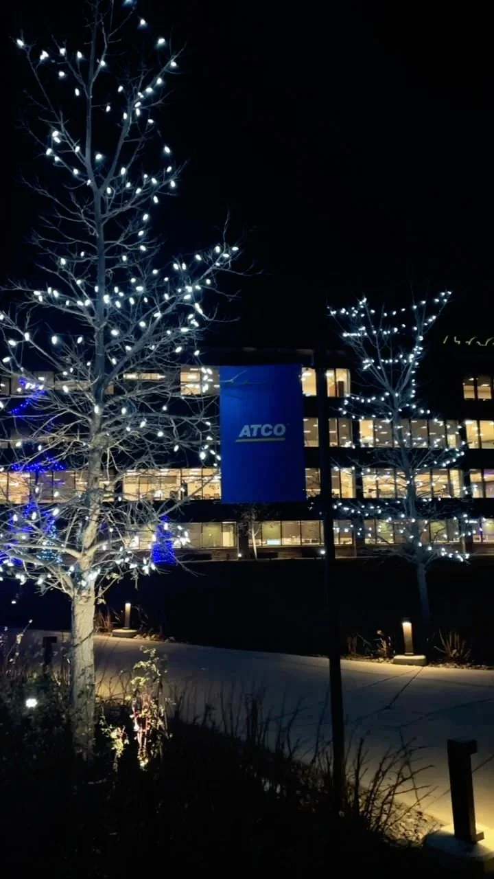 Commercial tree lighting installation at ATCO campus in Calgary featuring C6 pure white and blue lights on multiple outdoor trees