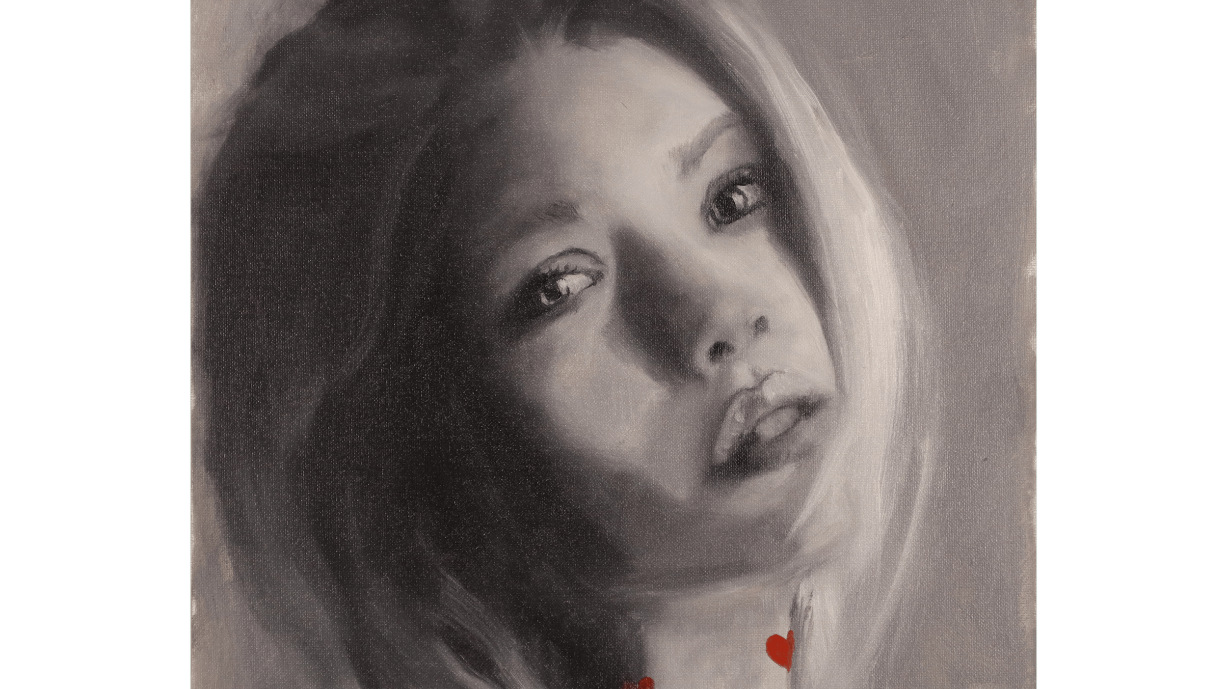 Close-up detail of the red heart motifs on the neck in the monochrome portrait painting “Crashing Hearts.”