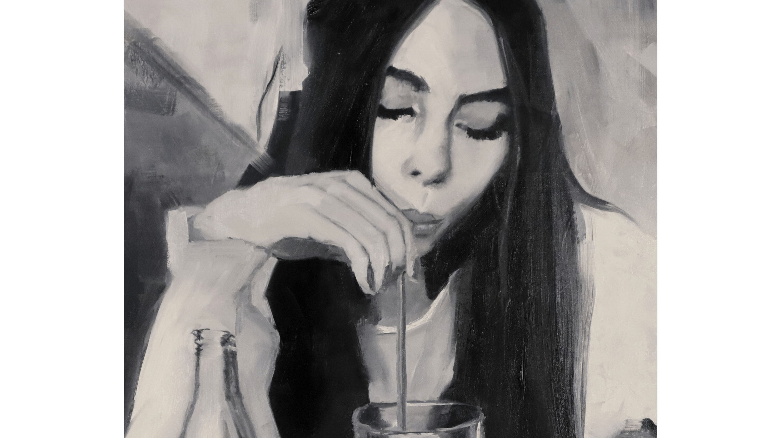 Detail of figurative oil painting showing contemplative facial expression