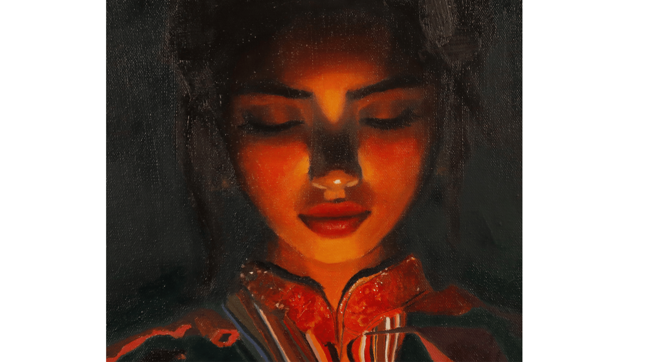 Close-up detail of the glowing face of the woman in the figurative painting “At the Edge of Spacetime.”