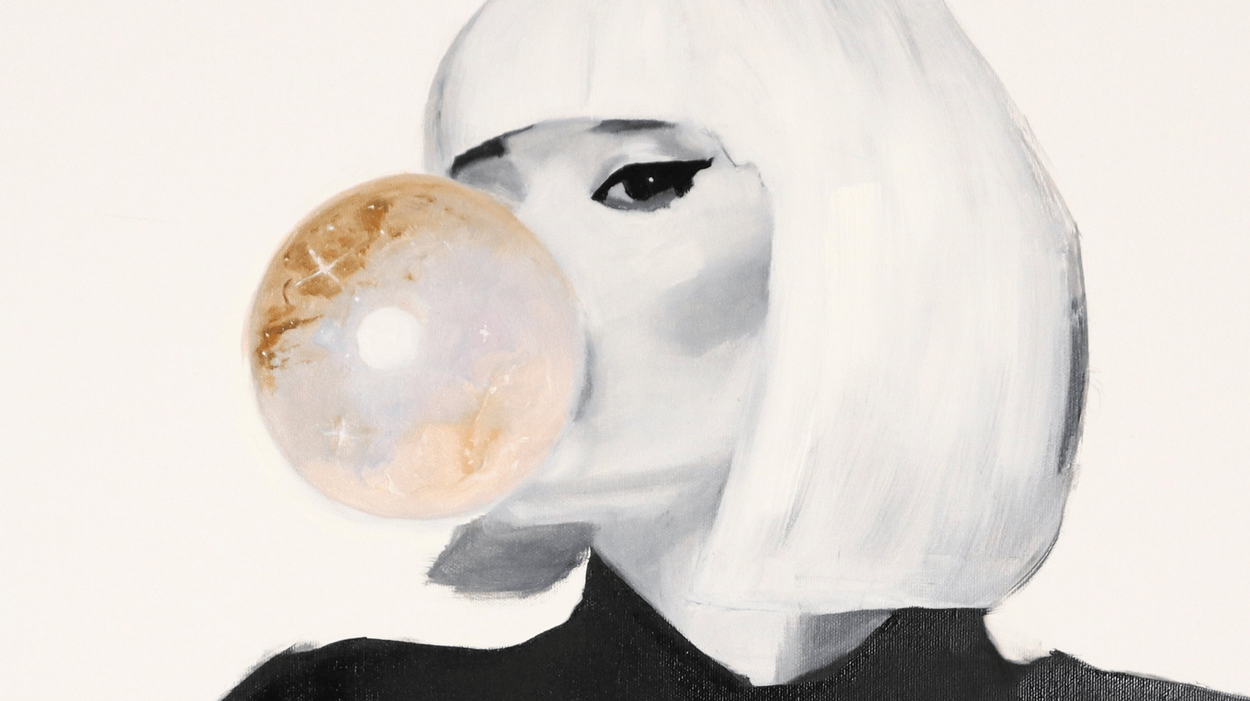 Close-up detail of figurative painting showing bubble surface, woman's face and light effects