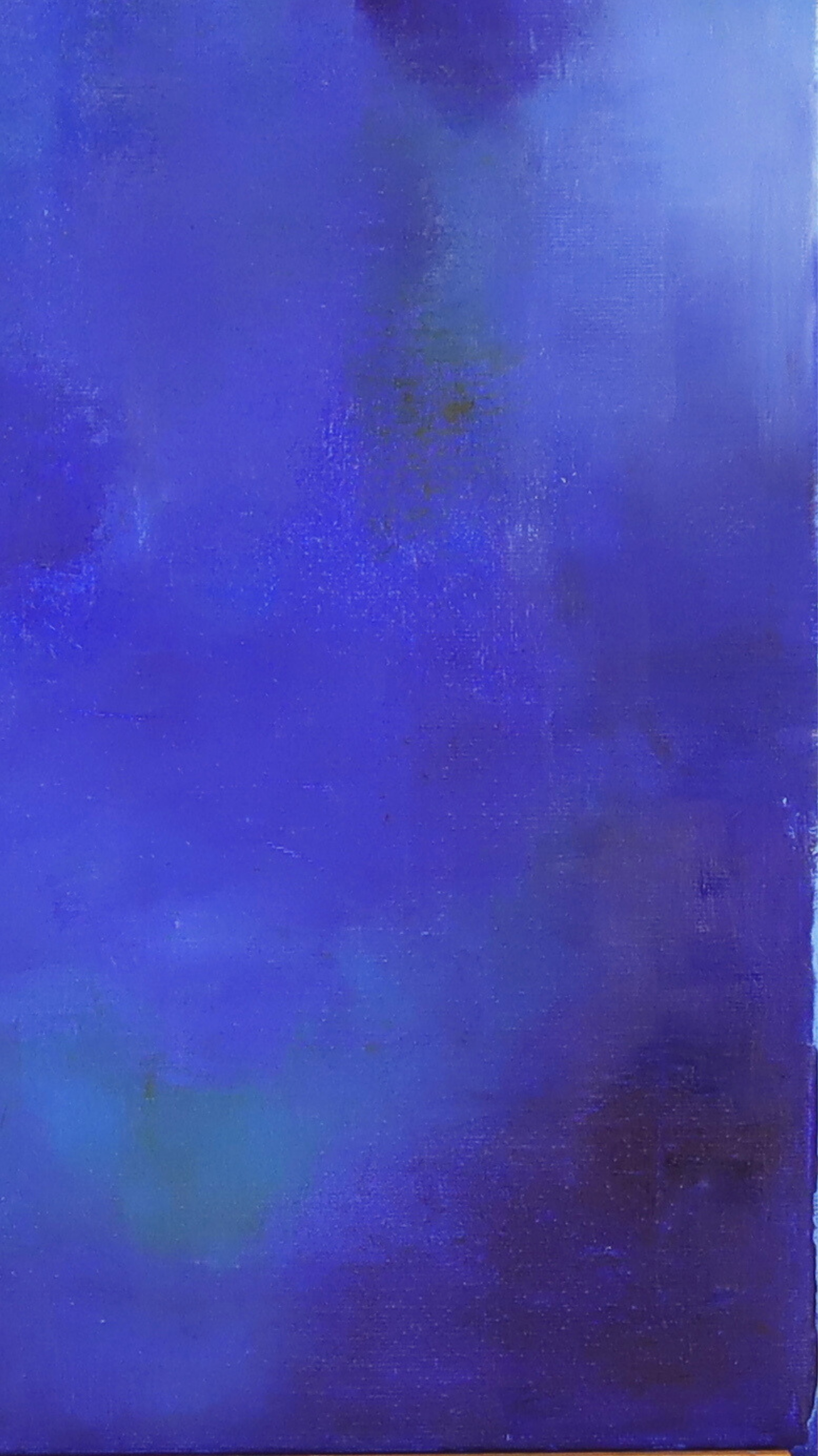 Detail of blue abstract oil painting showing the lower half of the artwork