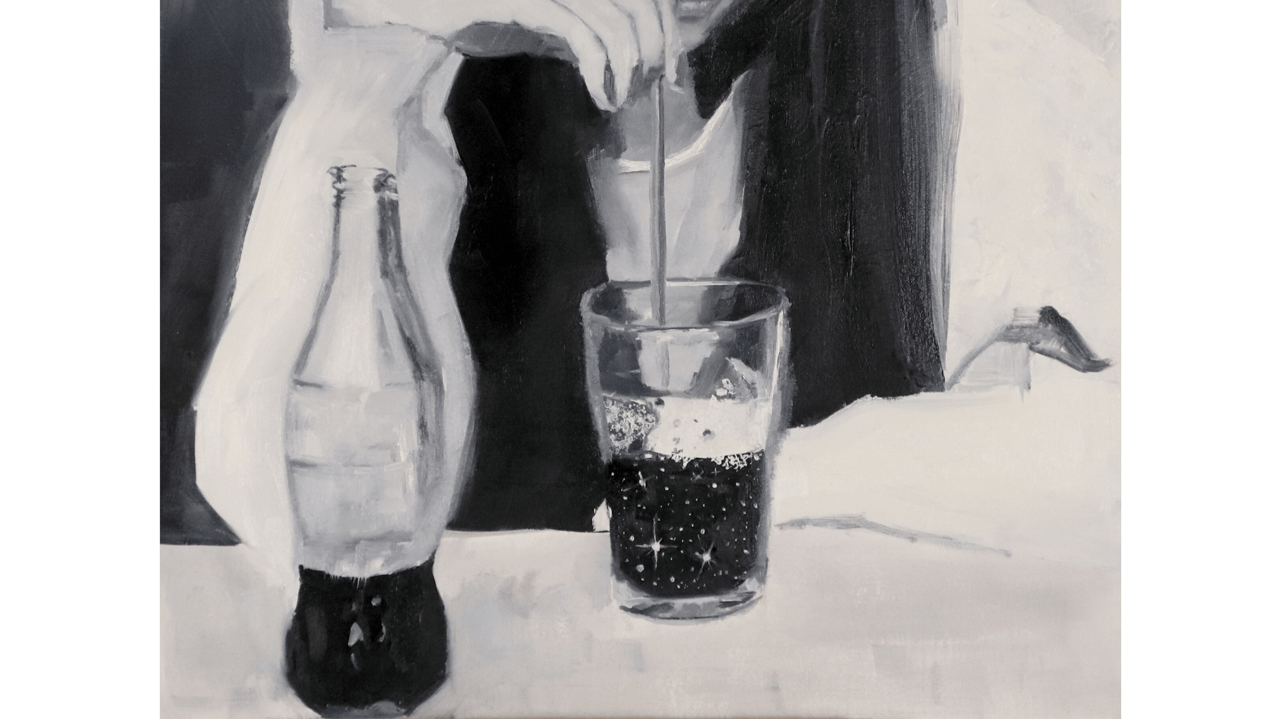 Monochrome oil painting detail of glass and bottle on table