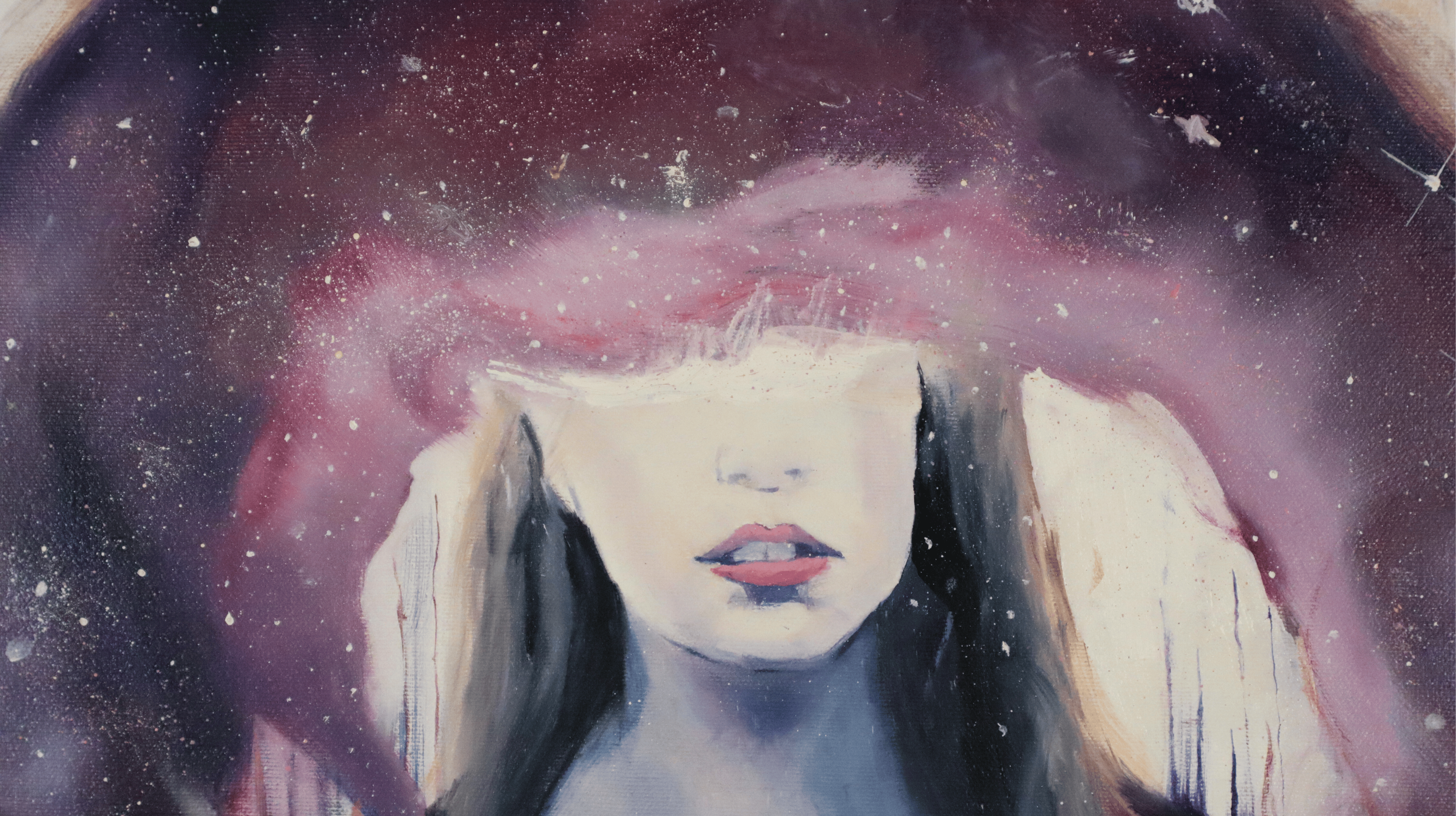 Detail of figurative oil painting showing woman formed from cosmic elements
