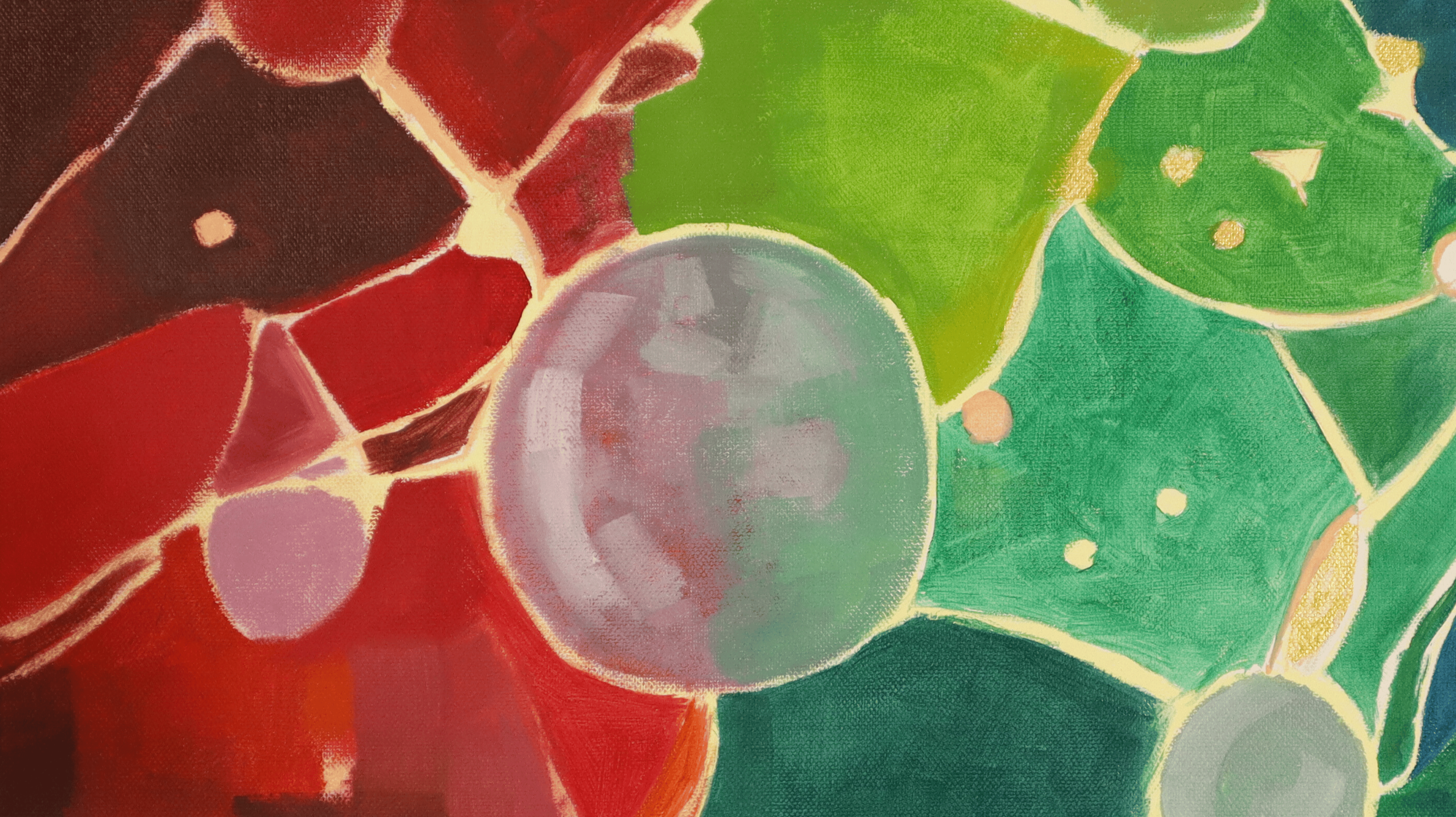 Close-up detail of layered abstract shapes and fine connecting lines within a contemporary conceptual painting.