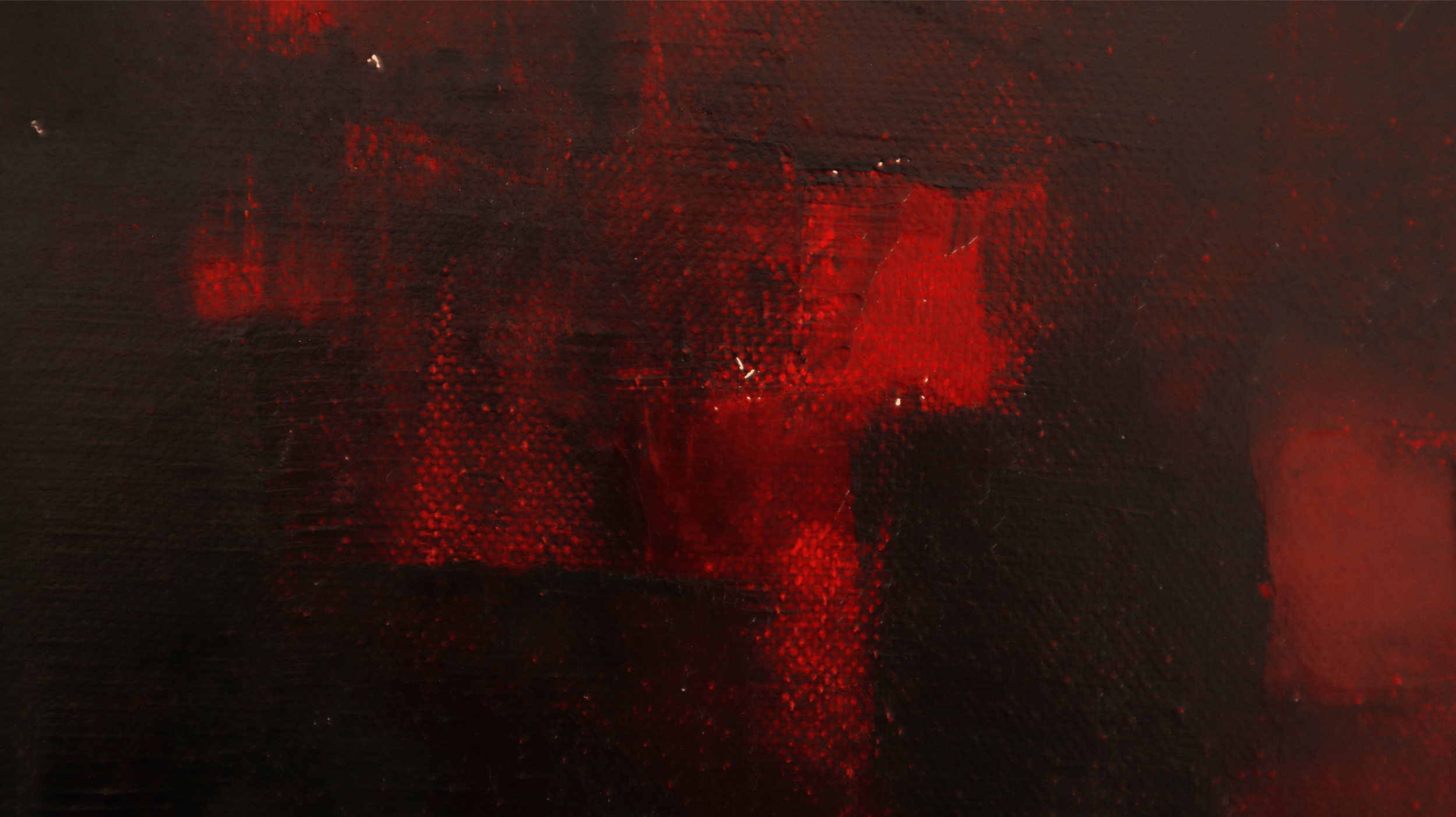 Close-up of red abstract oil painting showing details and texture of the artwork