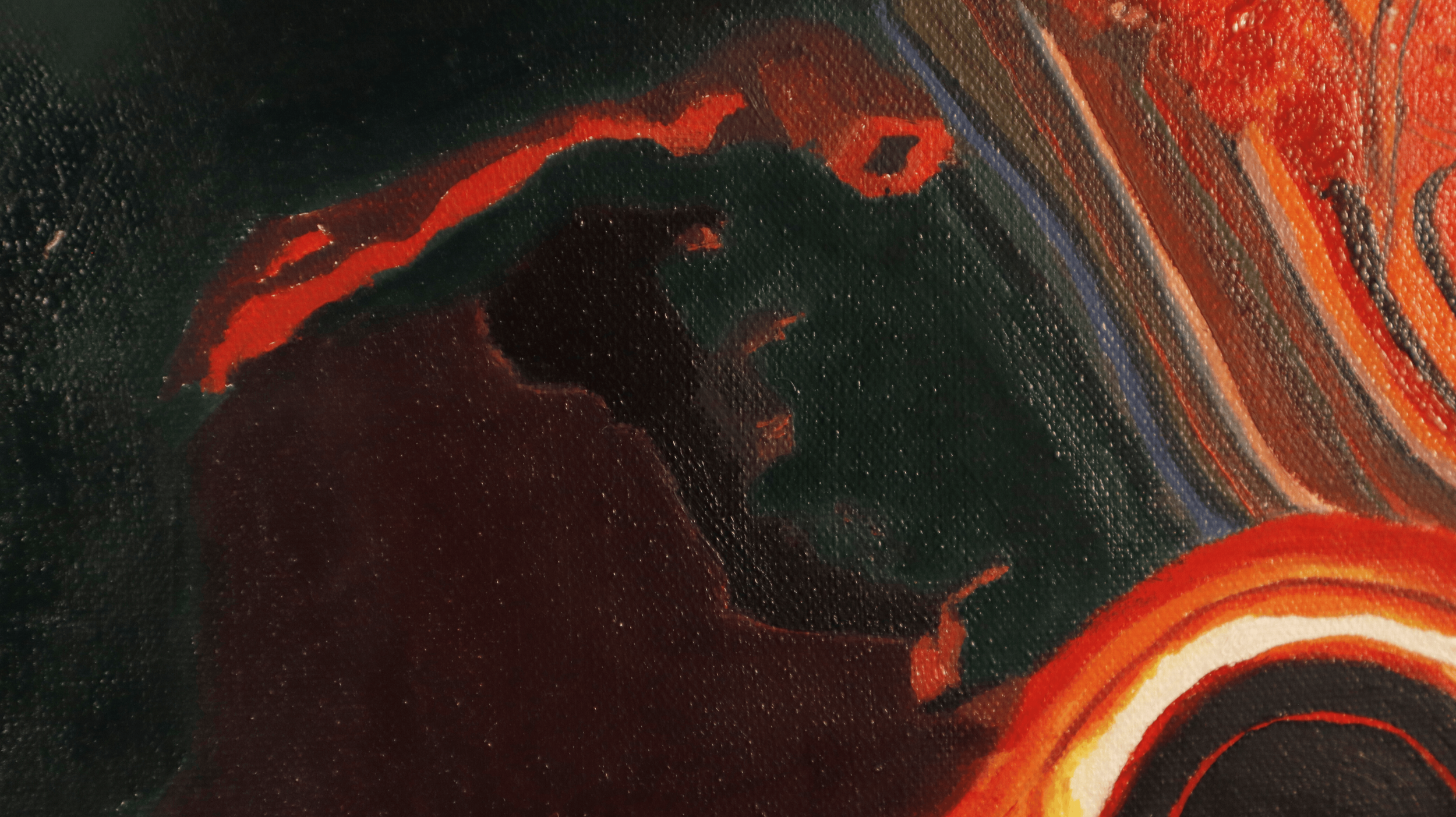 Close-up detail of the shoulders and particles in the figurative painting “At the Edge of Spacetime.”