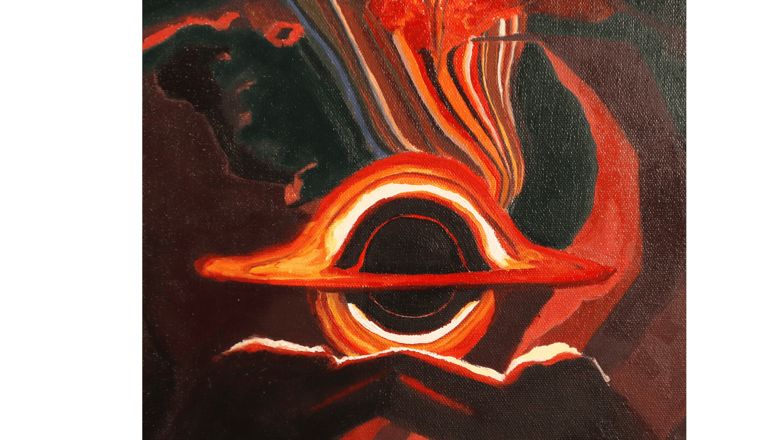Close-up detail of the glowing black hole and hands in the figurative painting “At the Edge of Spacetime.”