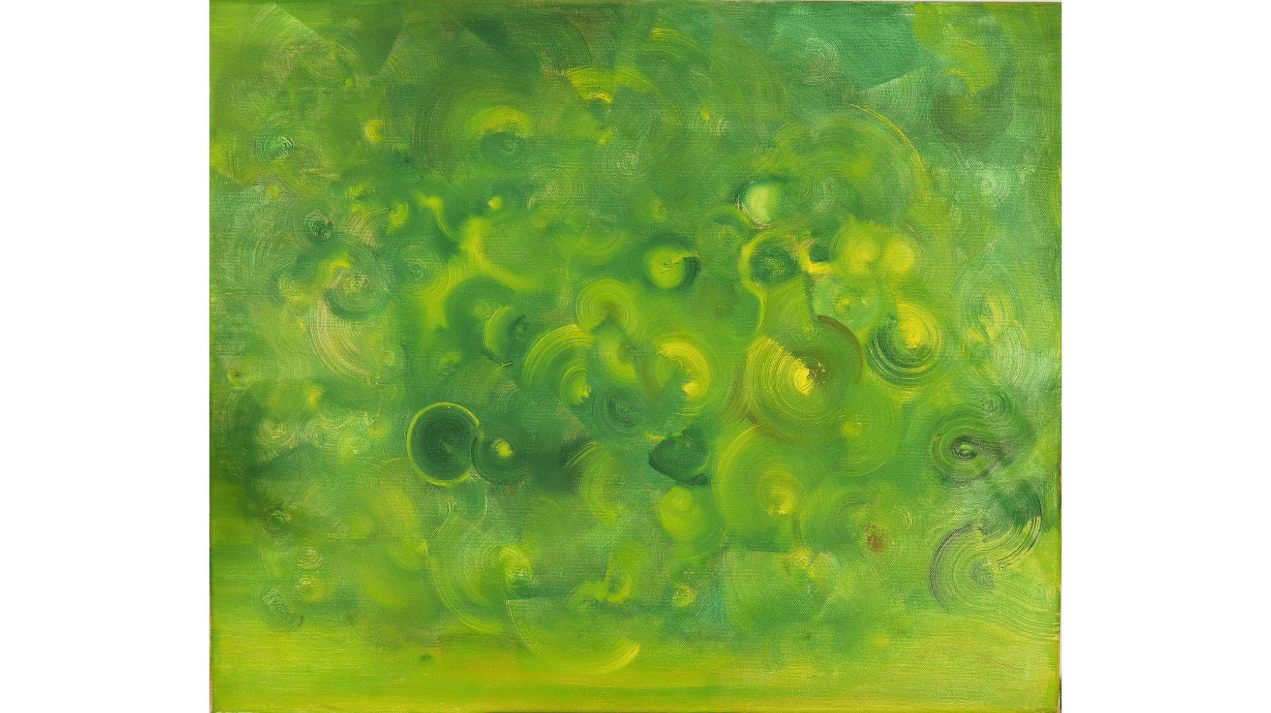 Abstract green painting with layered circular movement and organic color transitions