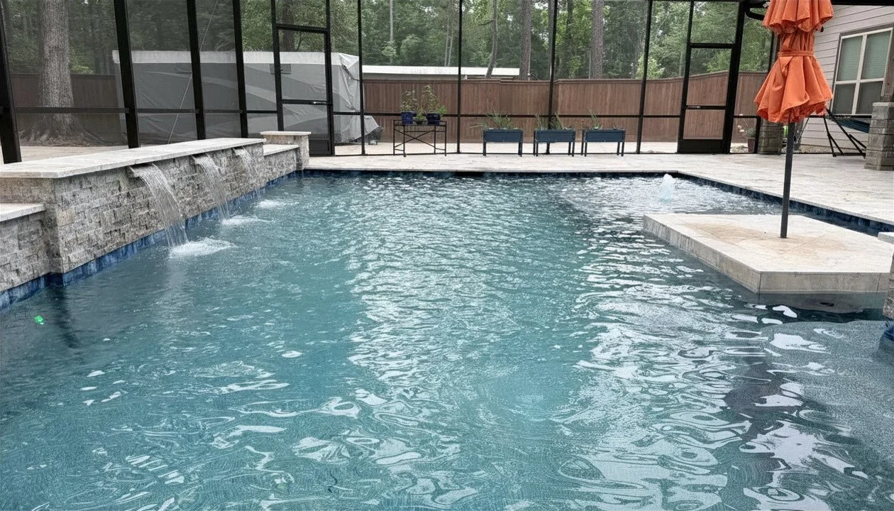 A backyard swimming pool with a stone waterfall feature, surrounded by a screened enclosure and outdoor furniture.