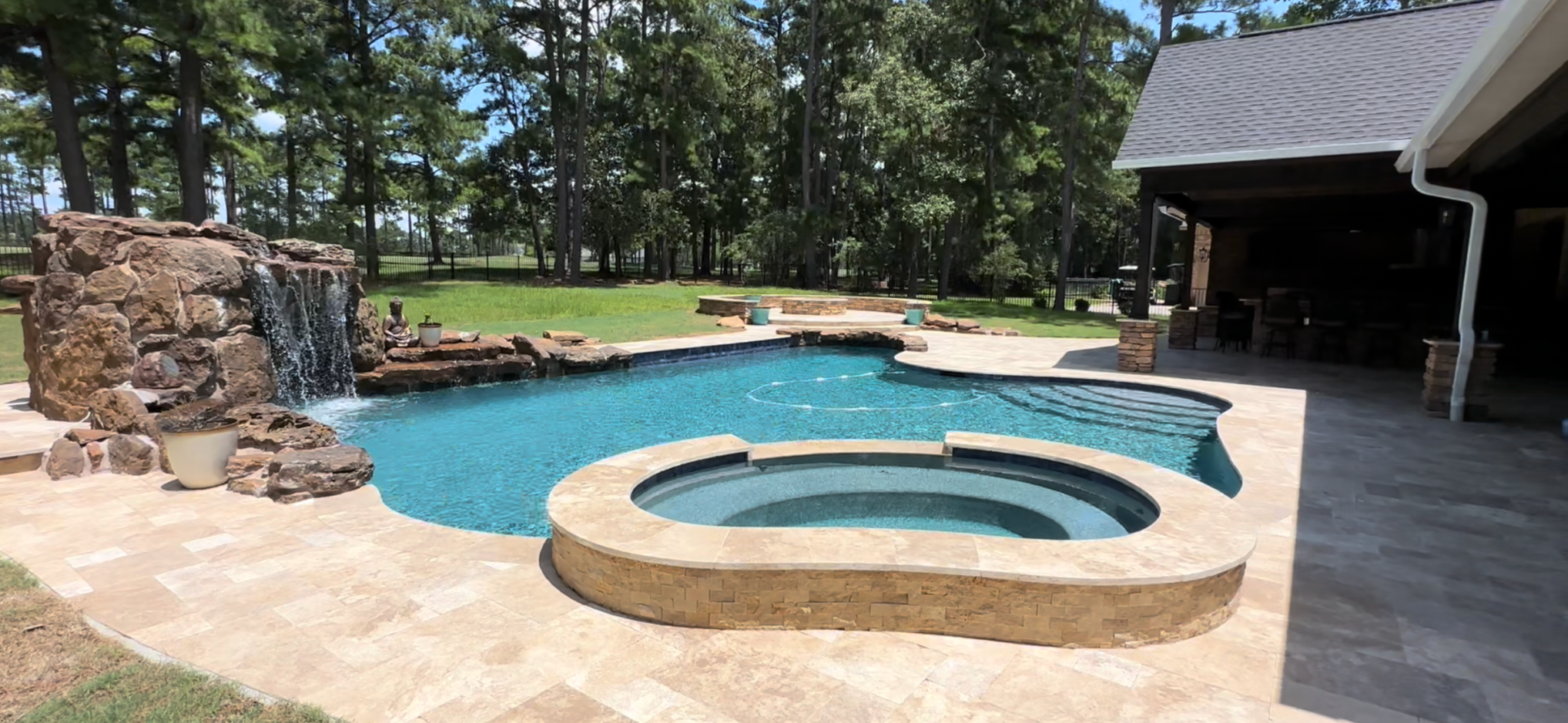Freeform Pool with Travertine Spa and Waterfall