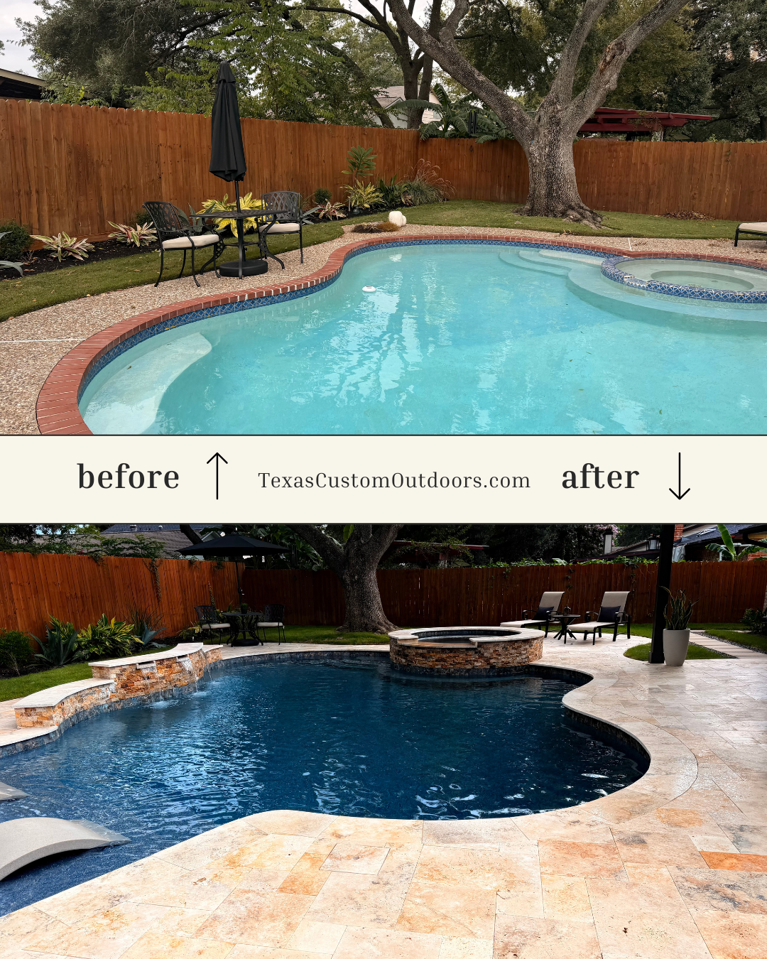 Comparison of a backyard swimming pool before and after renovation. The before photo shows a smaller pool with a shallow end and a brick border, with outdoor furniture and a wooden fence. The after photo displays a larger, more modern pool with a spa feature, stone coping, and a paved deck area with lounge chairs and a fire pit, surrounded by a wooden fence and trees.