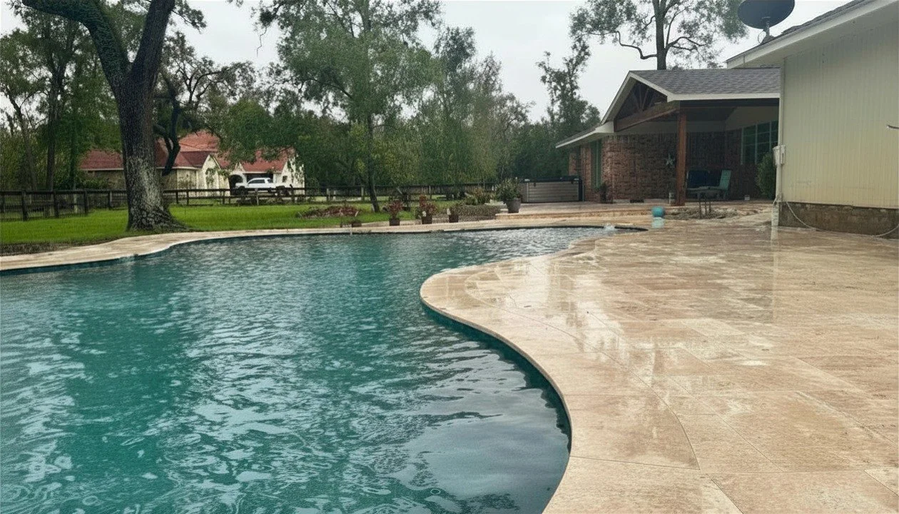 A backyard with a swimming pool, trees, a fenced yard, and a house with a patio.