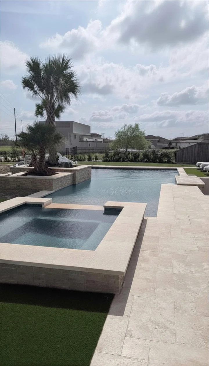 legant custom pool and spa featuring clean modern lines, premium stonework, and resort-style outdoor living in Sugar Land, TX