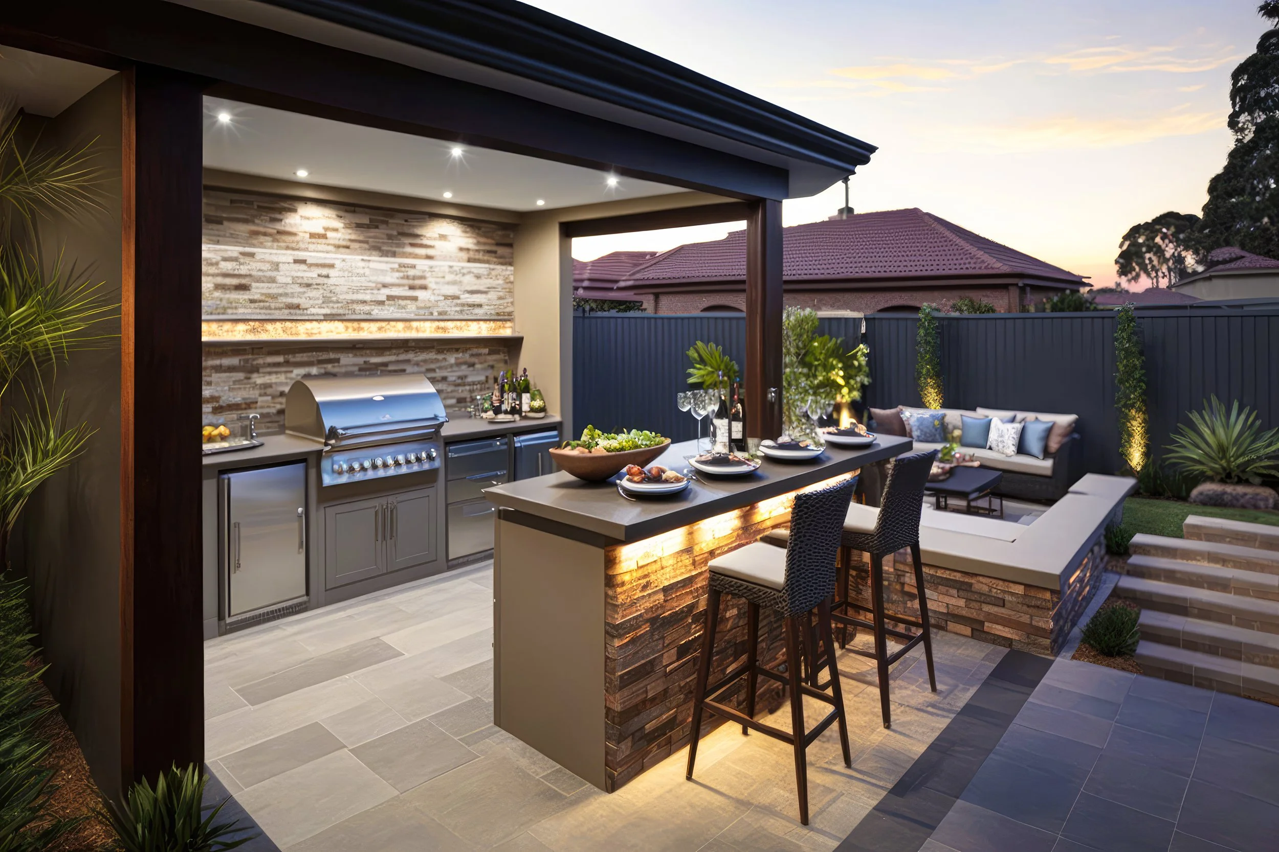 Custom outdoor kitchen with grill, sink, bar area, bar stools, track lighting, covered patio, stone decking in Katy, Tx