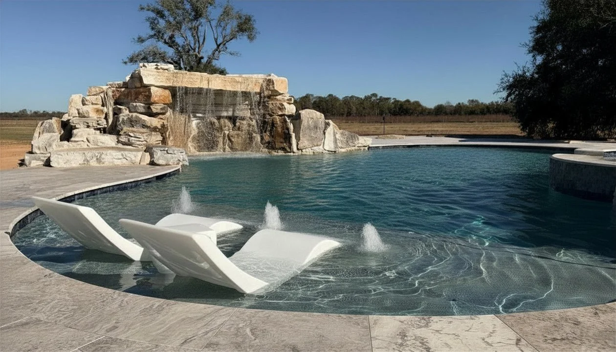 A swimming pool with a rock waterfall feature, two water jets, and two white lounge chairs in the water, with a tree and open field in the background on a clear day.