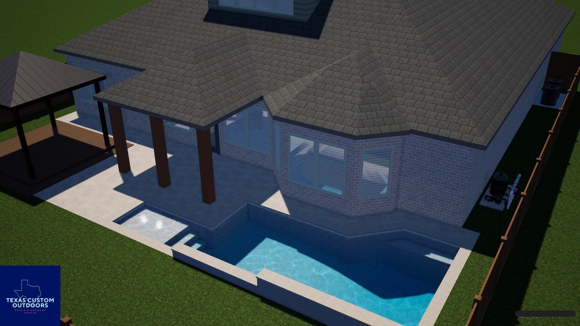 Aerial view of a house with a swimming pool in the backyard, featuring a brick exterior, large windows, a covered patio with wooden posts, and a fenced yard with outdoor equipment.