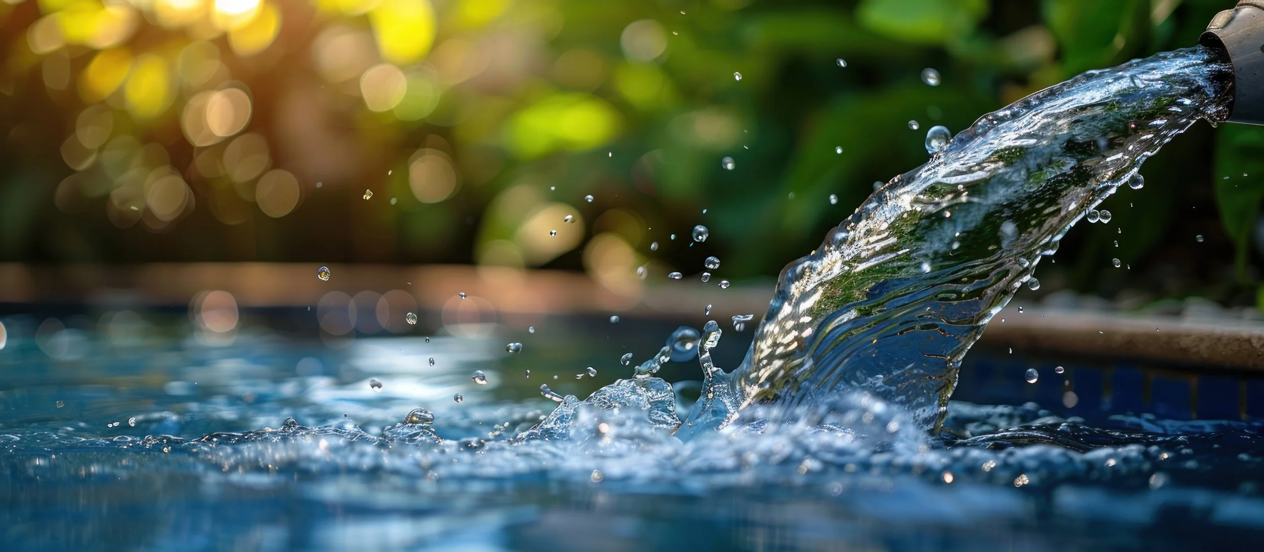 Close-up of water flowing from a garden hose into a pool with a blurred background of garden greenery and sunlight.