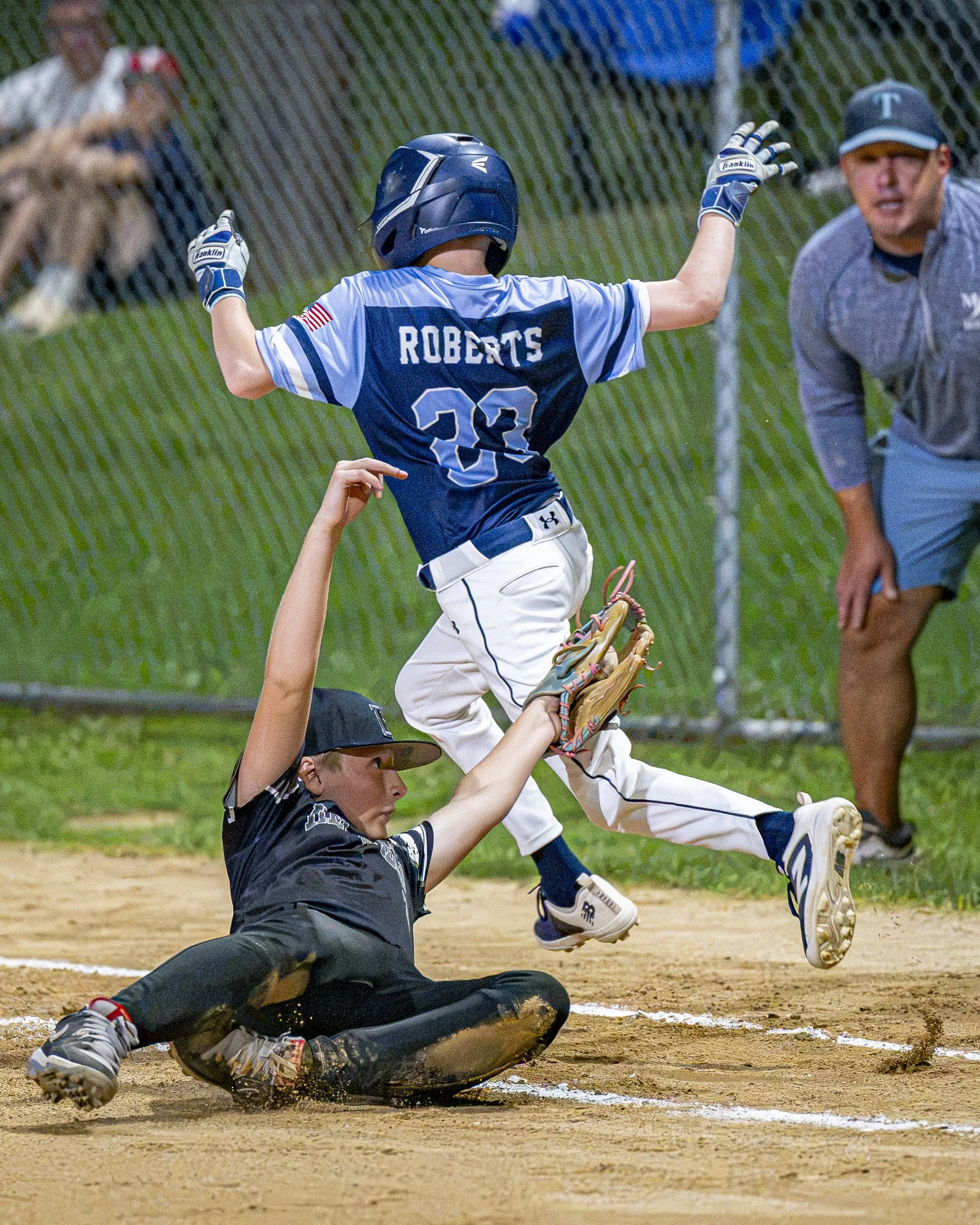 Carter Walters of Hempfield makes a diving tag during the LNP 12U tournament game between the MT Streaks and Hempfield Black.