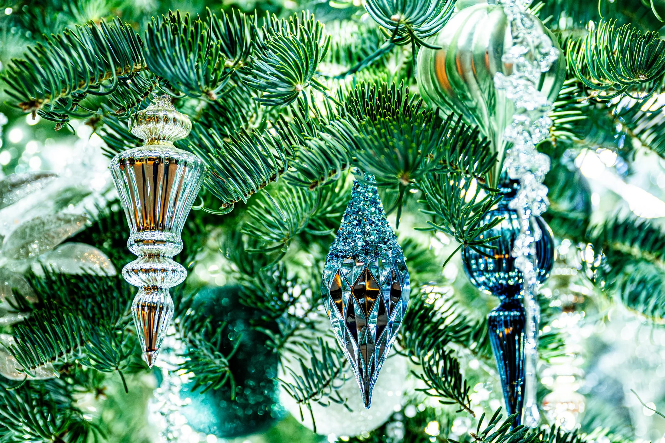 Beautiful ornaments adorn the Christmas Tree at the beginning of the Green Wall